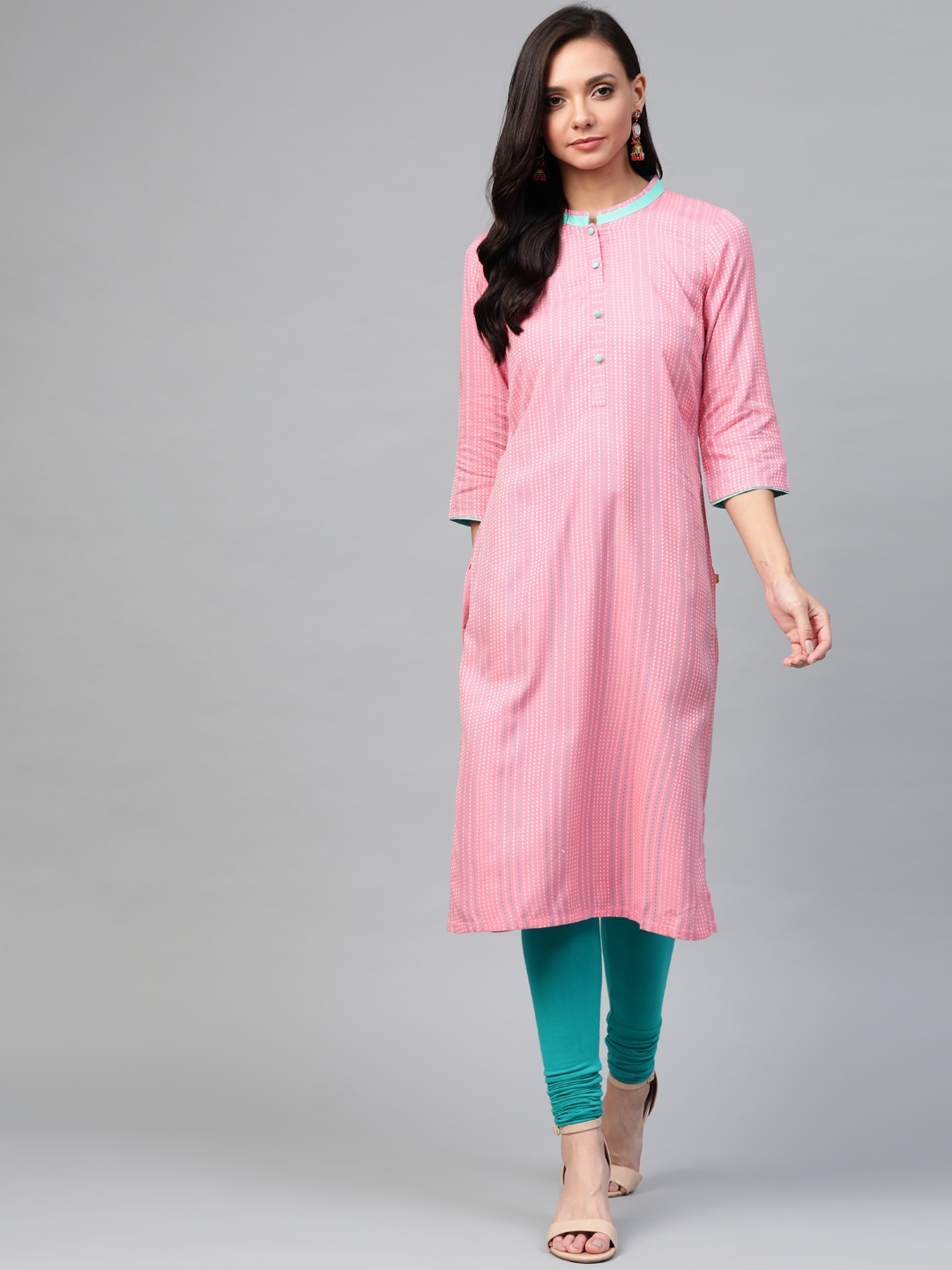 

AURELIA Women Pink & Off-White Self-Striped Straight Kurta