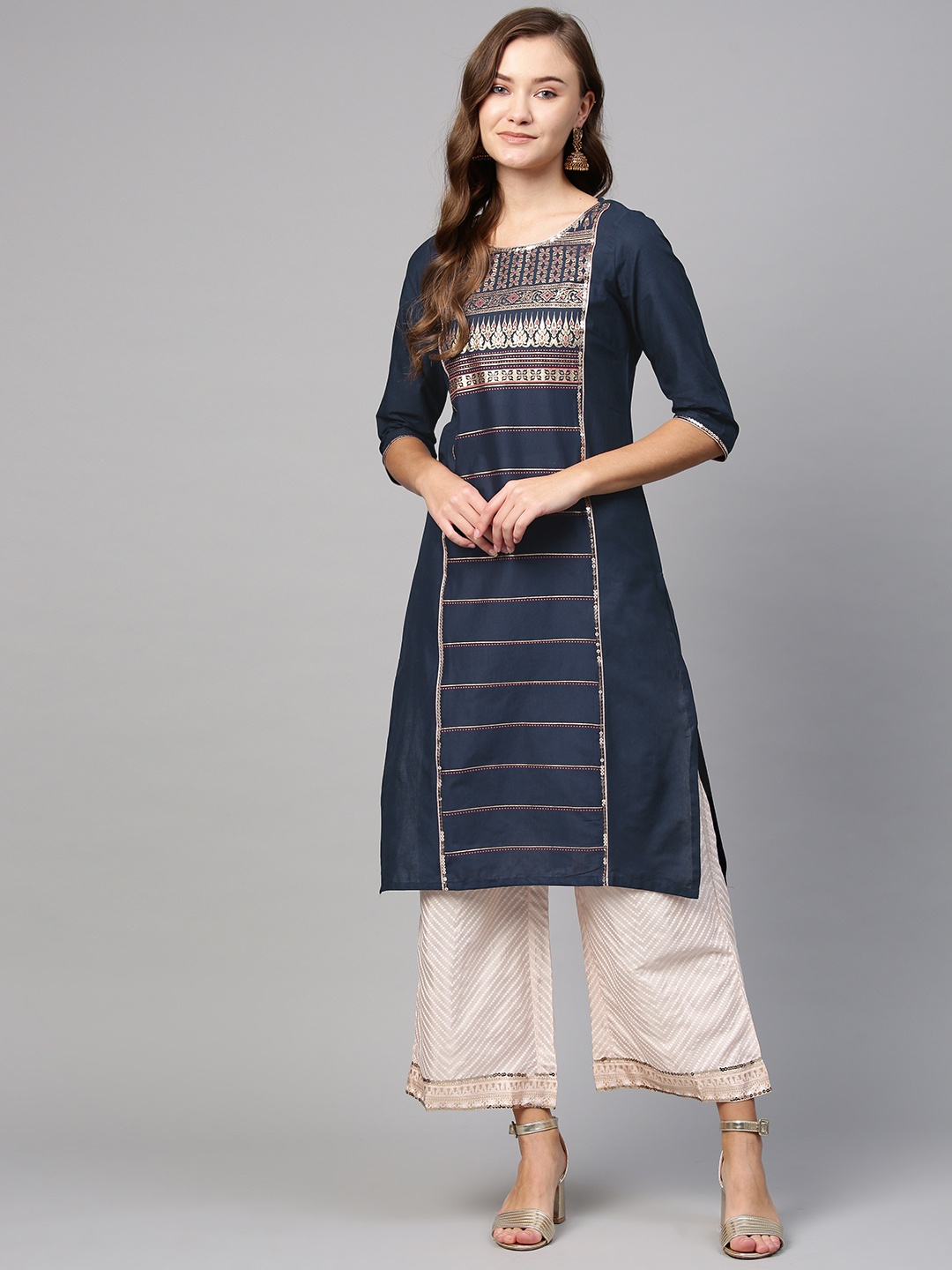 

AURELIA Women Navy Blue & Golden Printed Straight Kurta