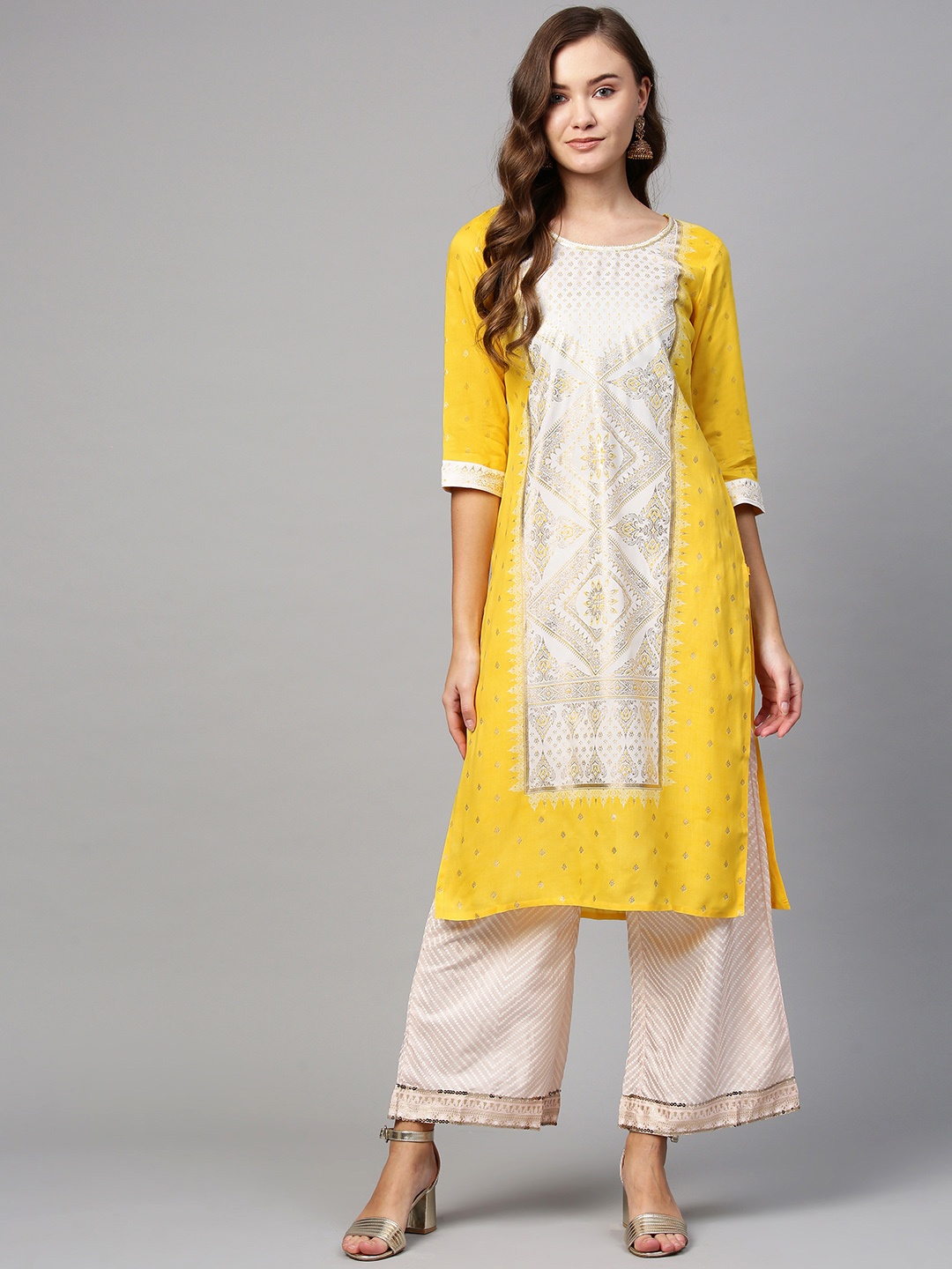 

AURELIA Women Yellow & White Printed Straight Kurta