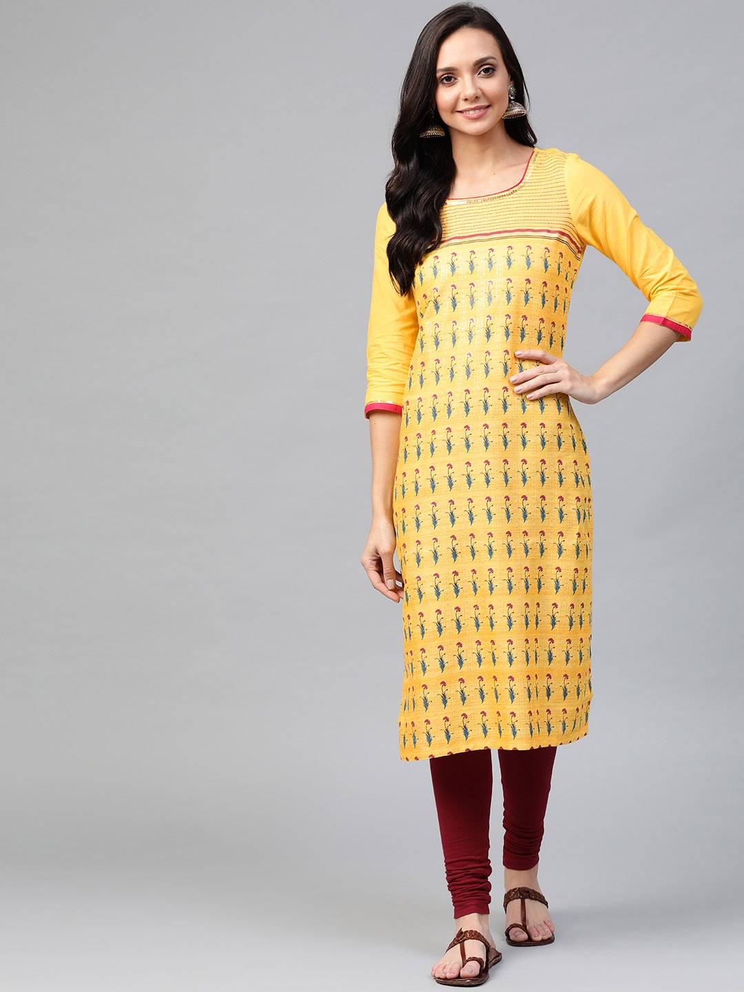 

AURELIA Women Yellow & Blue Ethnic Floral Print Straight Kurta
