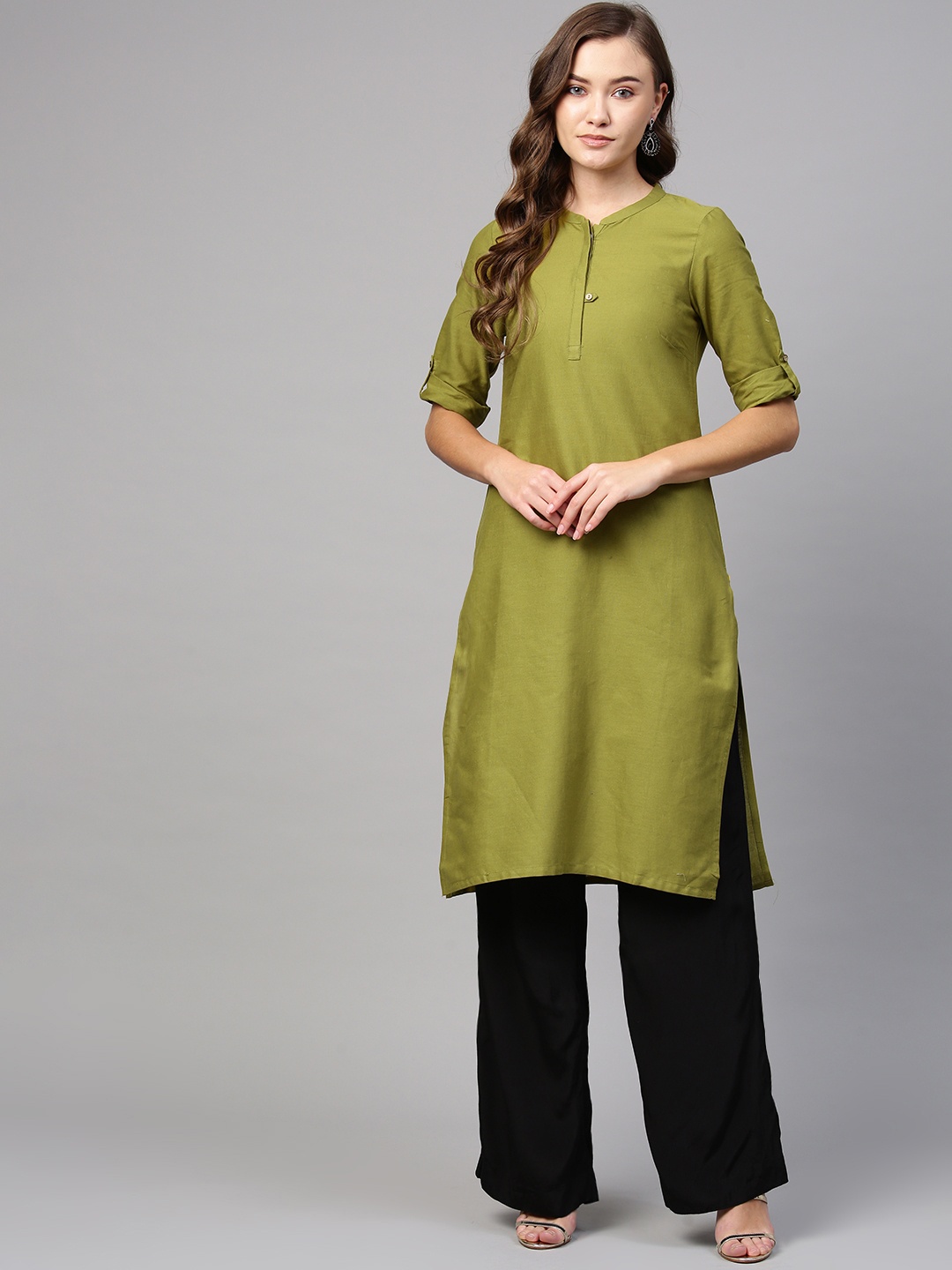 

AURELIA Women Olive Green Solid Straight Kurta