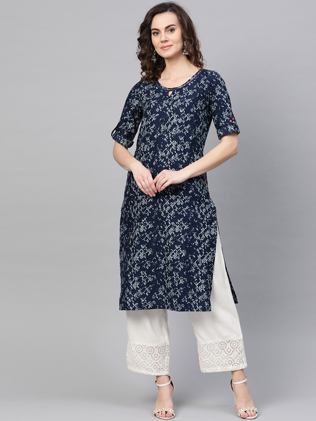 

AURELIA Women Navy Blue & Grey Printed Straight Kurta