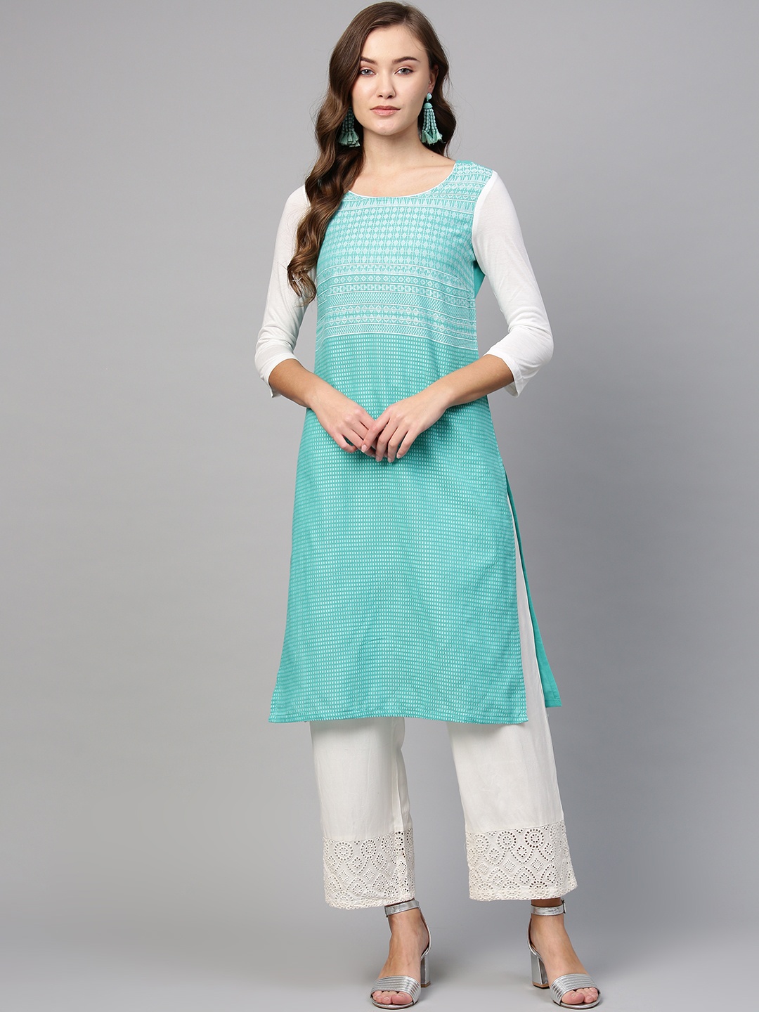 

AURELIA Women Sea Green & White Woven Design Straight Kurta