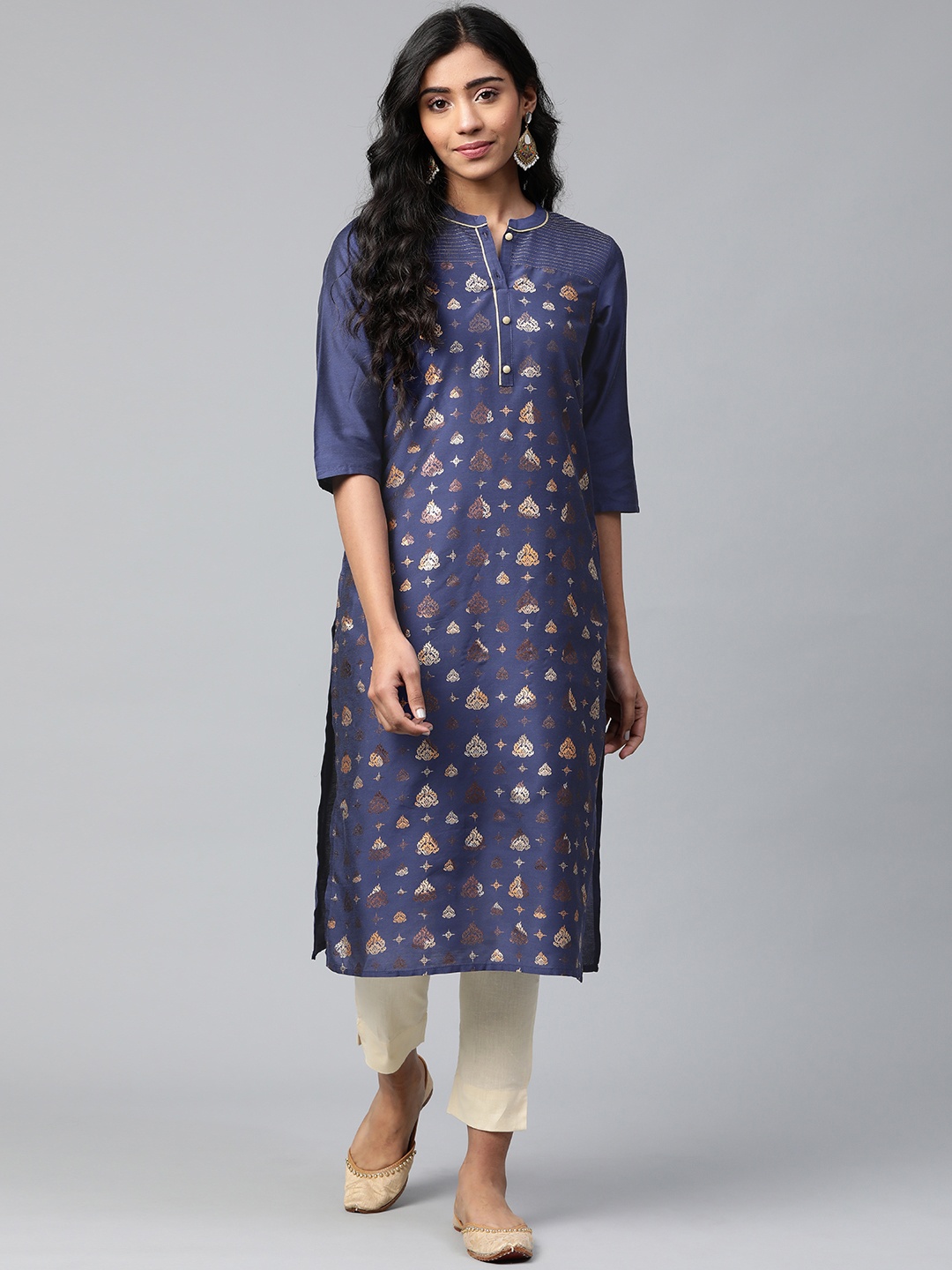 

AURELIA Women Navy Blue & Golden Printed Straight Kurta