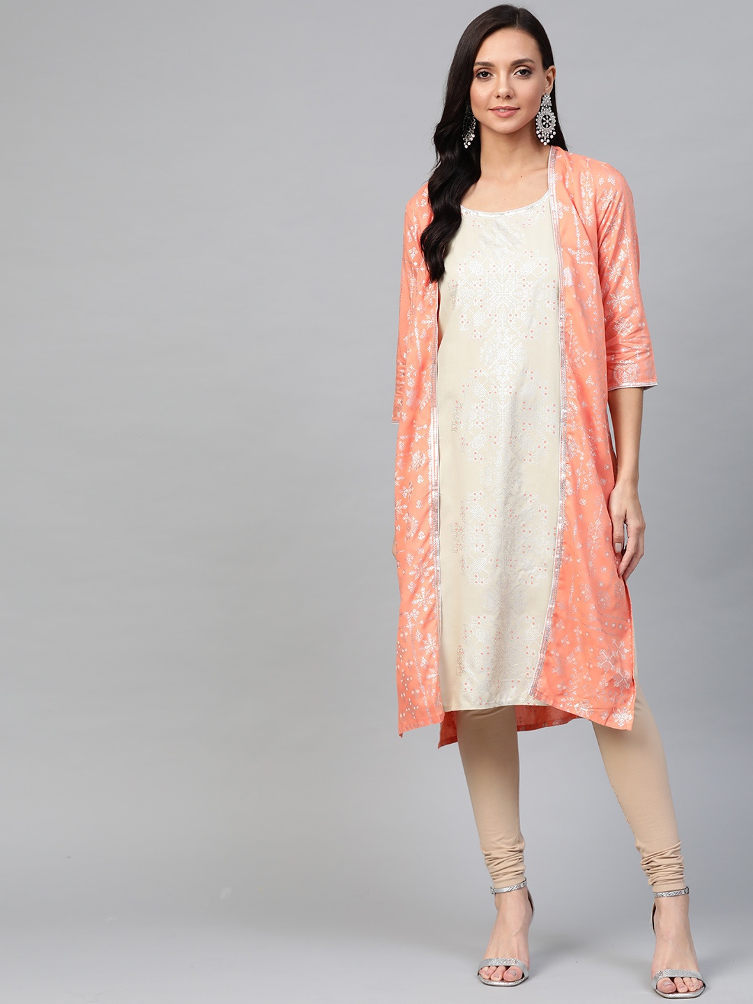 

AURELIA Women Beige & Peach-Coloured Ethnic Motifs Print Layered Straight Kurta