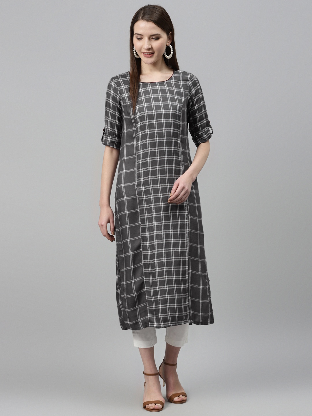 

AURELIA Women Grey & White Checked Pure Cotton Straight Kurta