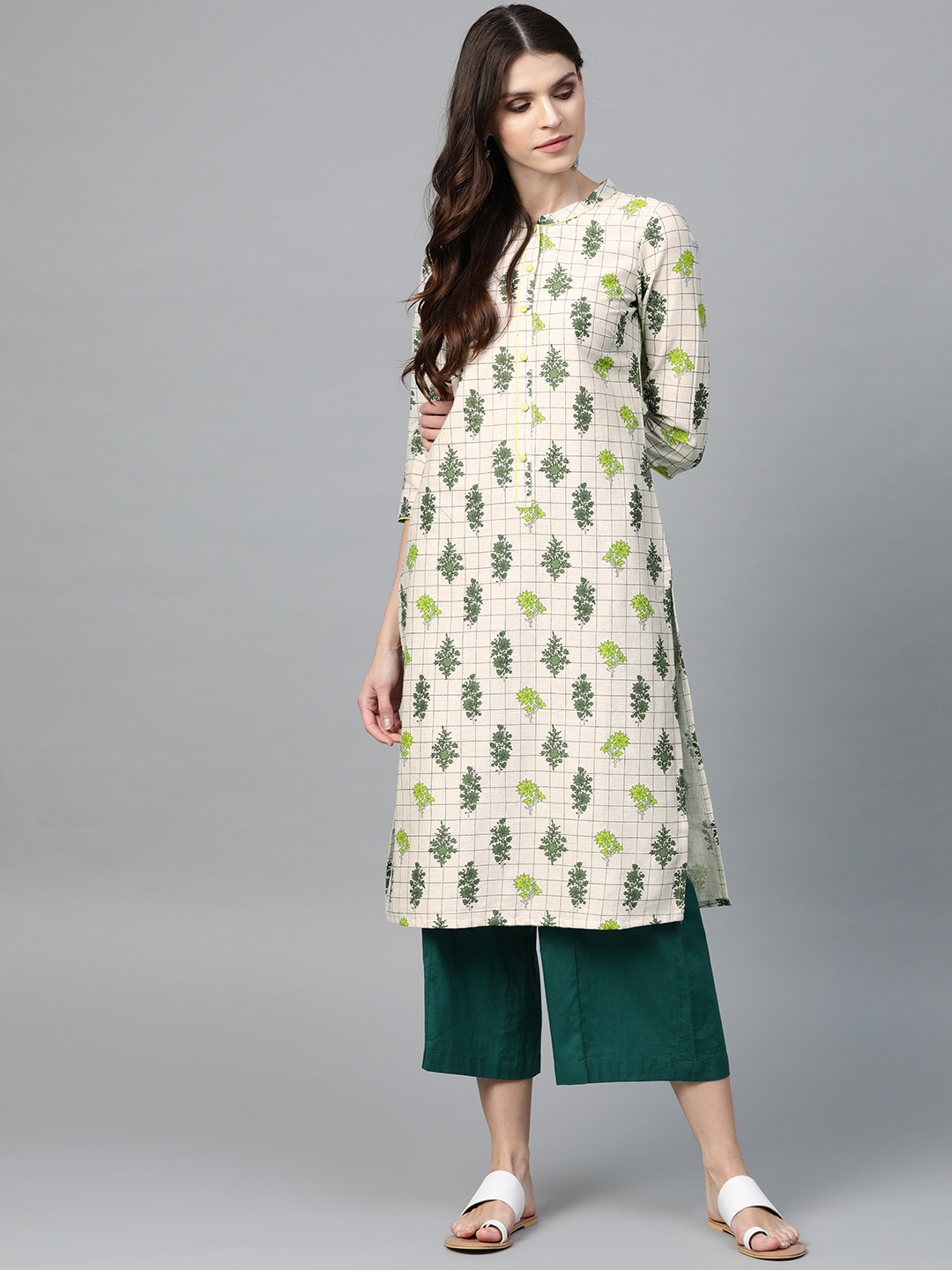 

AURELIA Women Off-White & Green Printed Straight Kurta