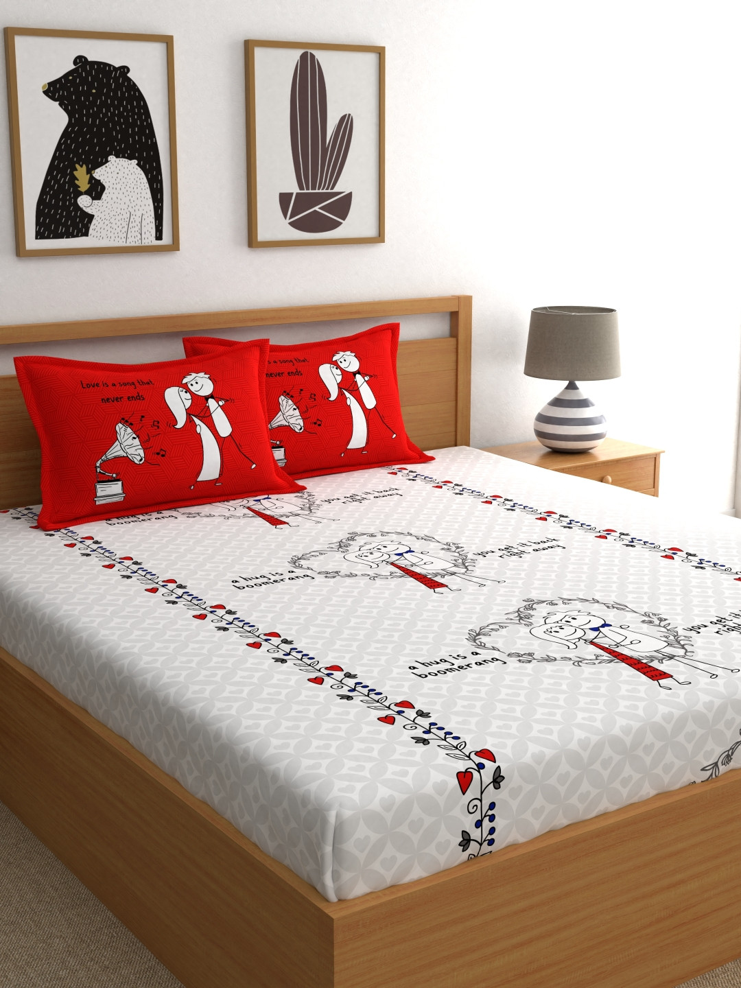 

My Room White & Red Conversational 210 TC Cotton 1 Queen Bedsheet with 2 Pillow Covers
