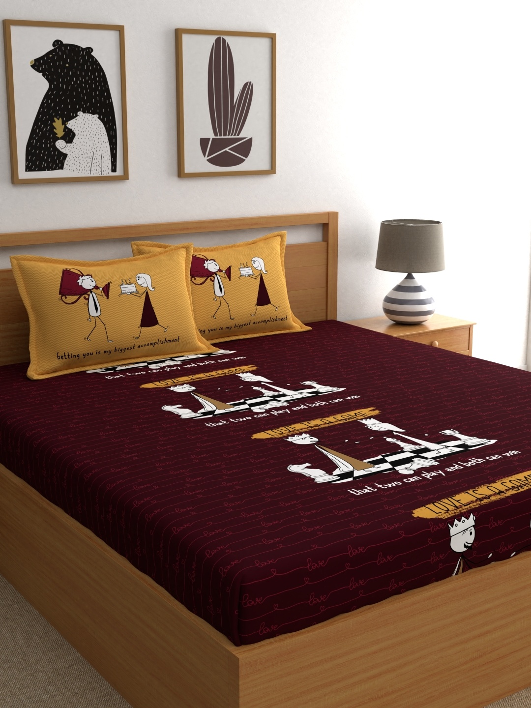 

My Room Maroon & Brown Conversational 210 TC Cotton 1 Queen Bedsheet with 2 Pillow Covers