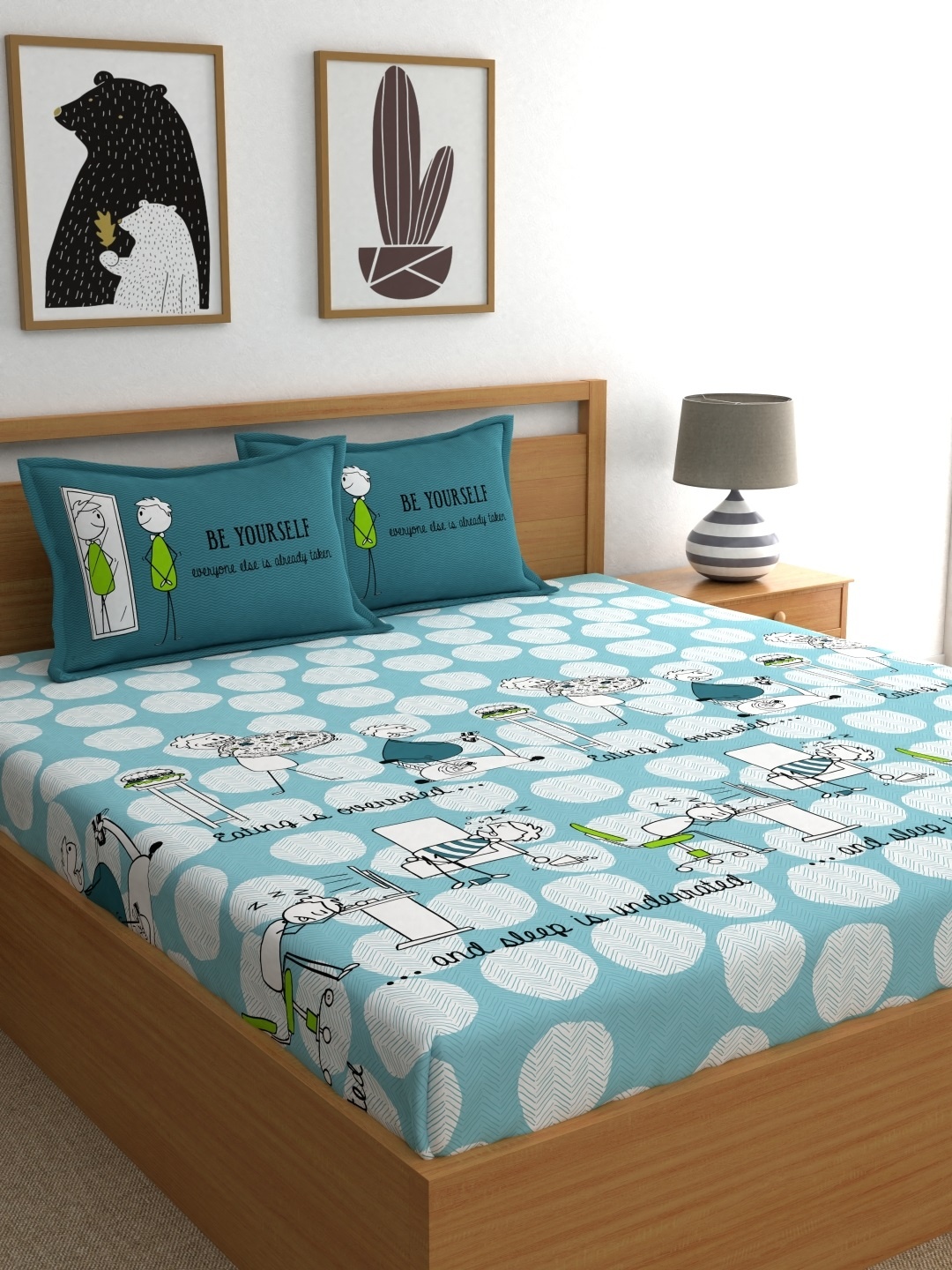 

My Room Blue & White Conversational 210 TC Cotton 1 Queen Bedsheet with 2 Pillow Covers