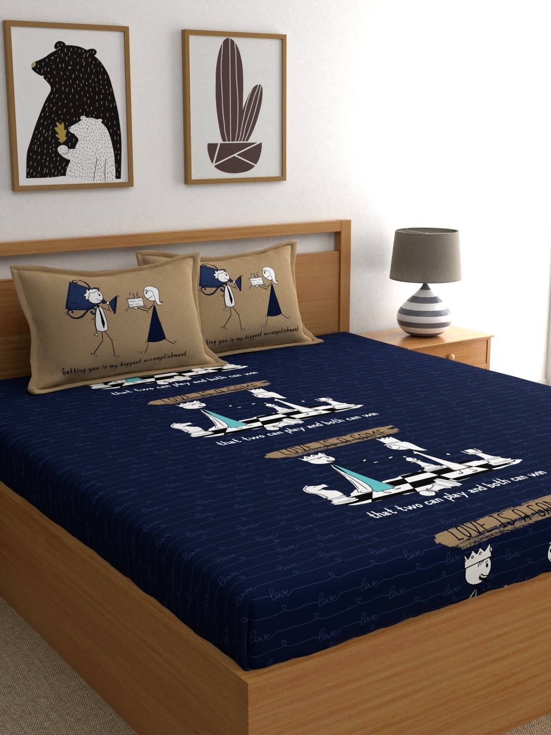 

My Room Navy Blue & Brown Conversational 210 TC Cotton 1 Queen Bedsheet with 2 Pillow Covers