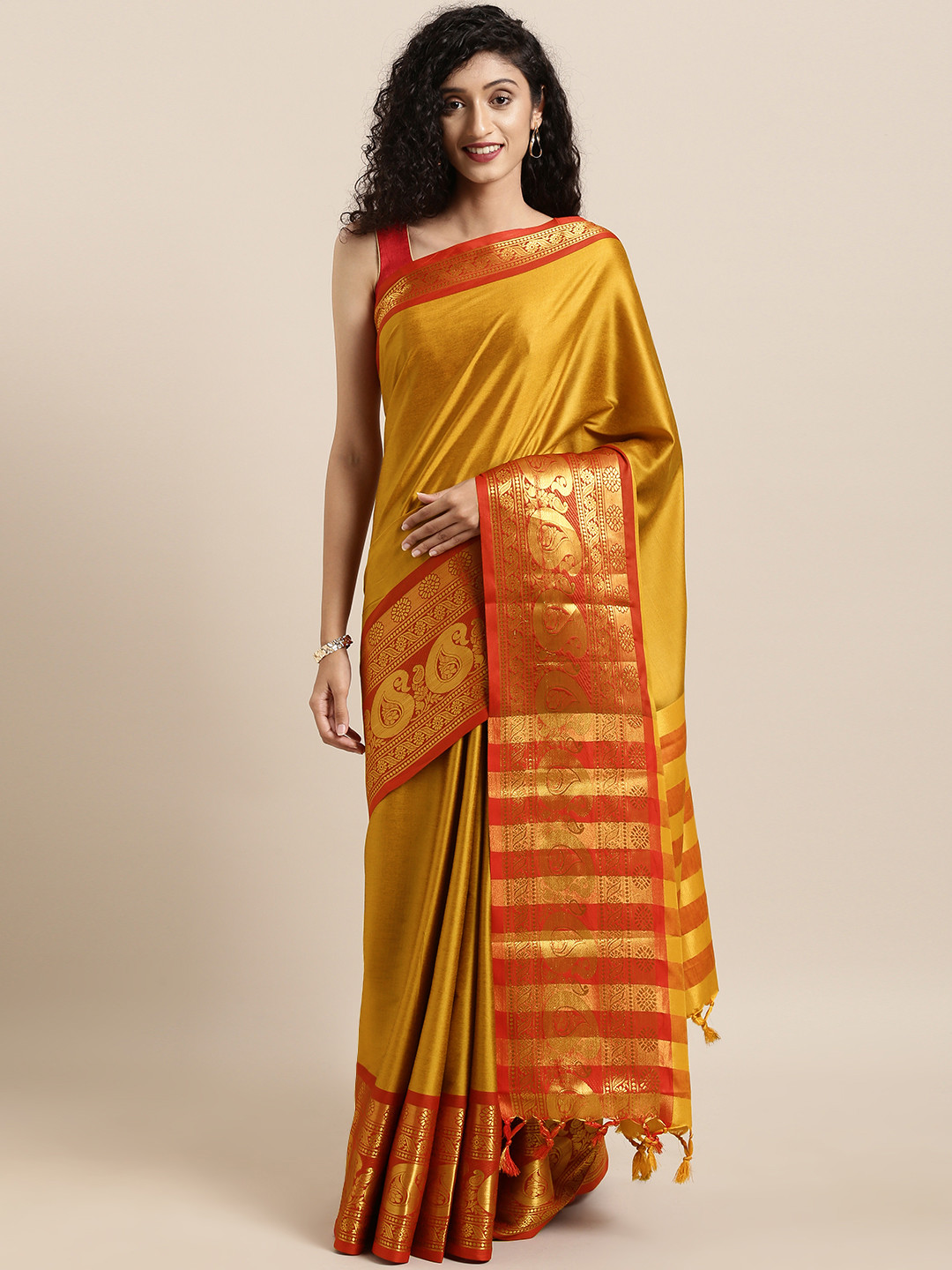 

KALINI Yellow & Red Art Silk Solid Banarasi Saree