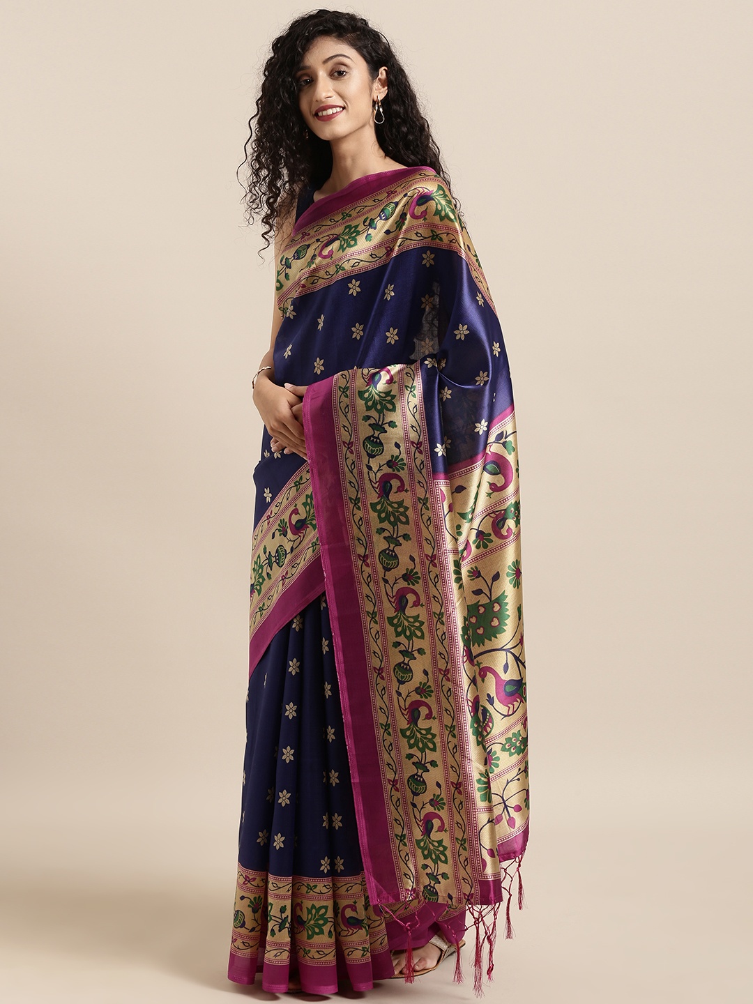 

KALINI Navy Blue & Pink Art Silk Printed Mysore Silk Saree