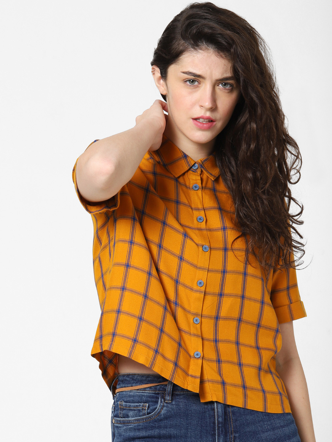 

ONLY Women Mustard Yellow & Navy Blue Regular Fit Checked Casual Shirt