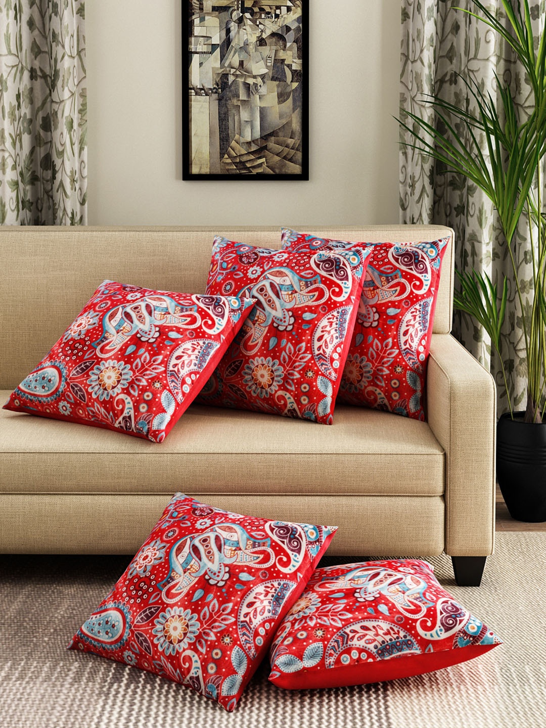 

ROMEE Multicoloured Set of 5 Ethnic Motifs Square Cushion Covers, Multi