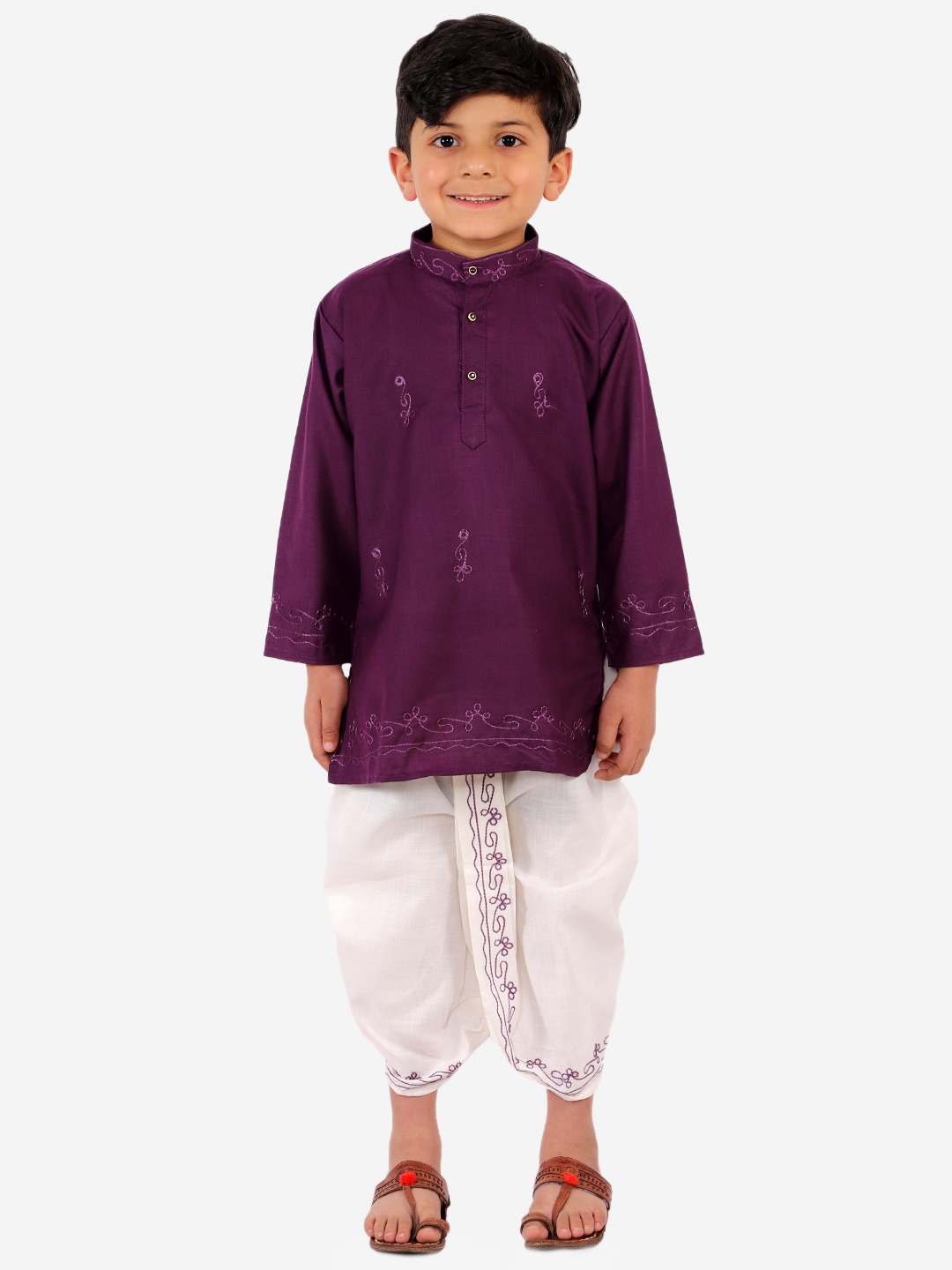 

Superminis Boys Purple & White Embroidered Kurti with Dhoti Pants