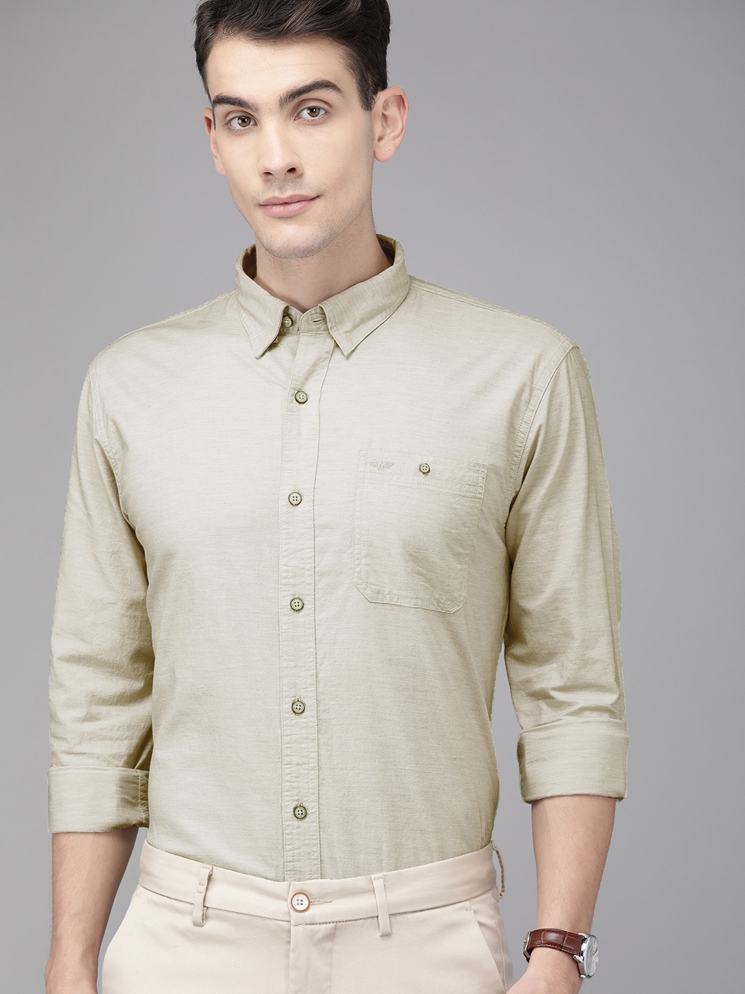 

Park Avenue Men Beige Slim Fit Solid Smart Casual Shirt