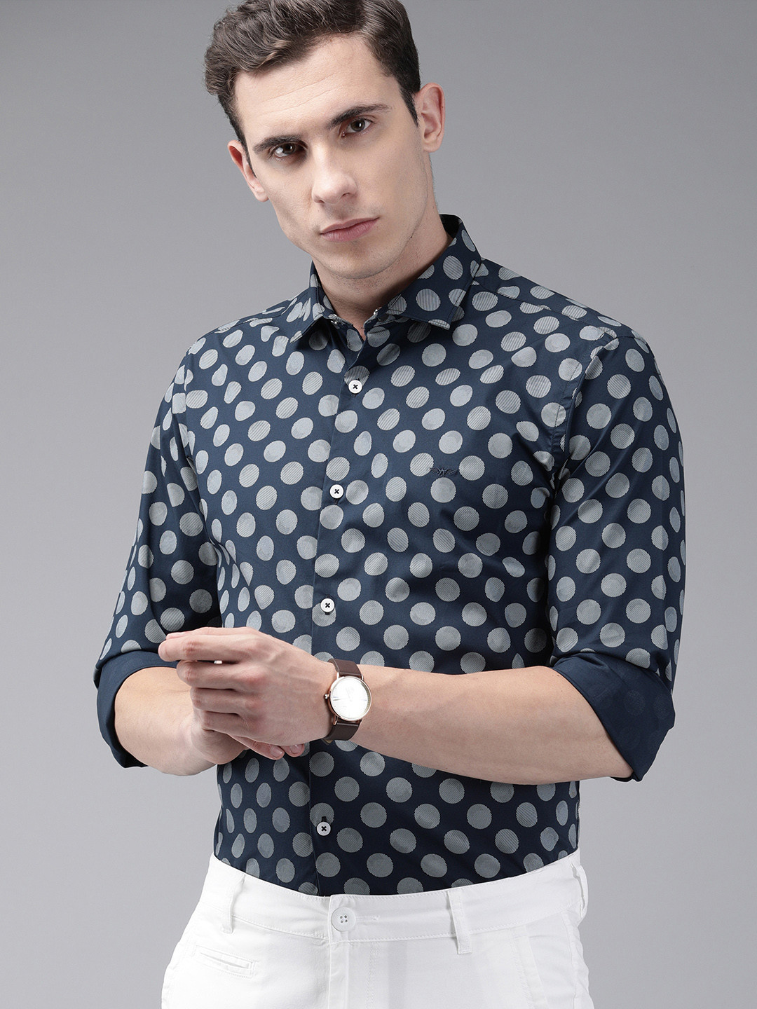 

Park Avenue Men Blue & Grey Slim Fit Polka Dots Printed Smart Casual Shirt