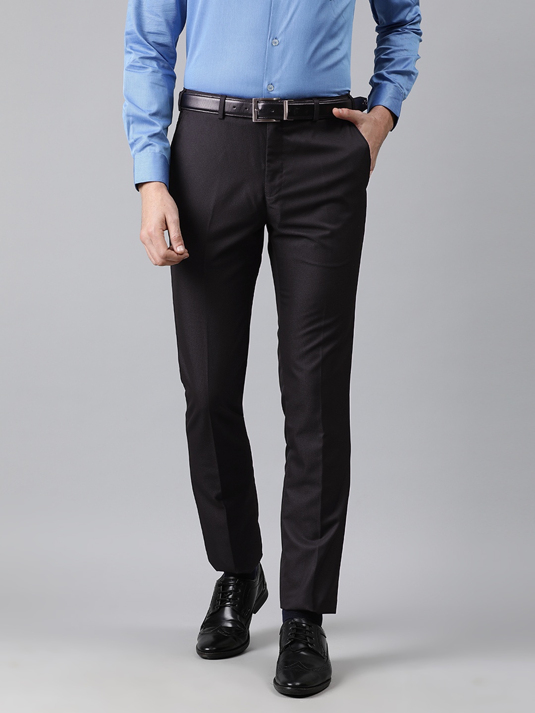 

Raymond Men Charcoal Grey Slim Fit Self Design Formal Trousers