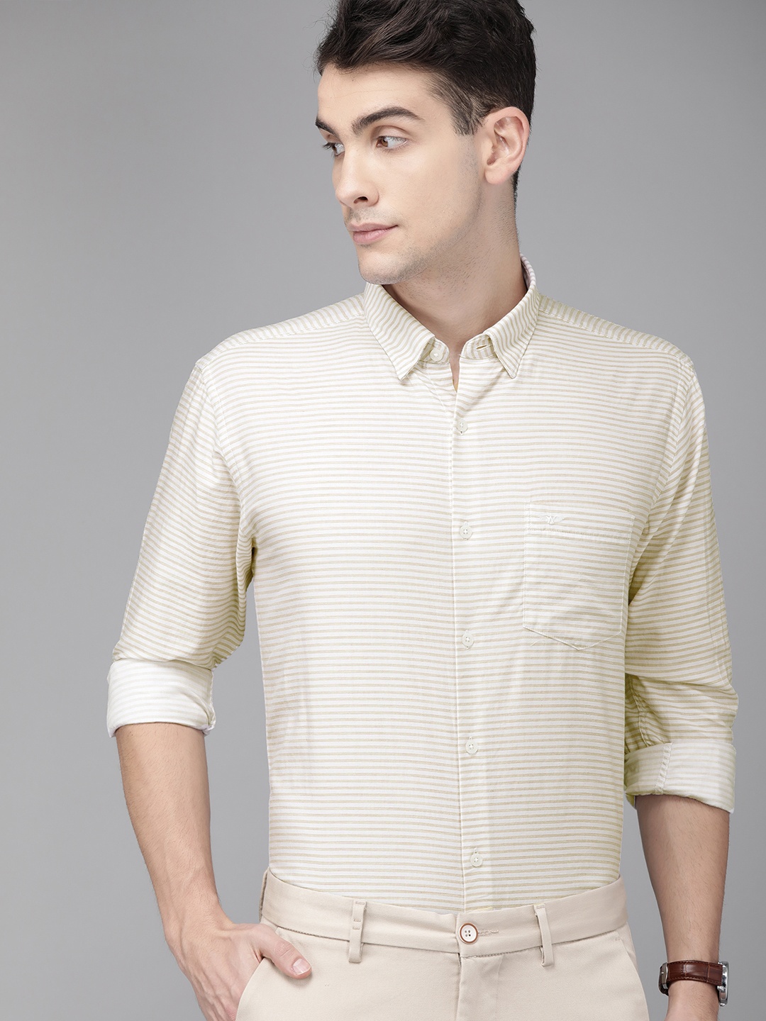 

Park Avenue Men White & Beige Slim Fit Striped Smart Casual Shirt