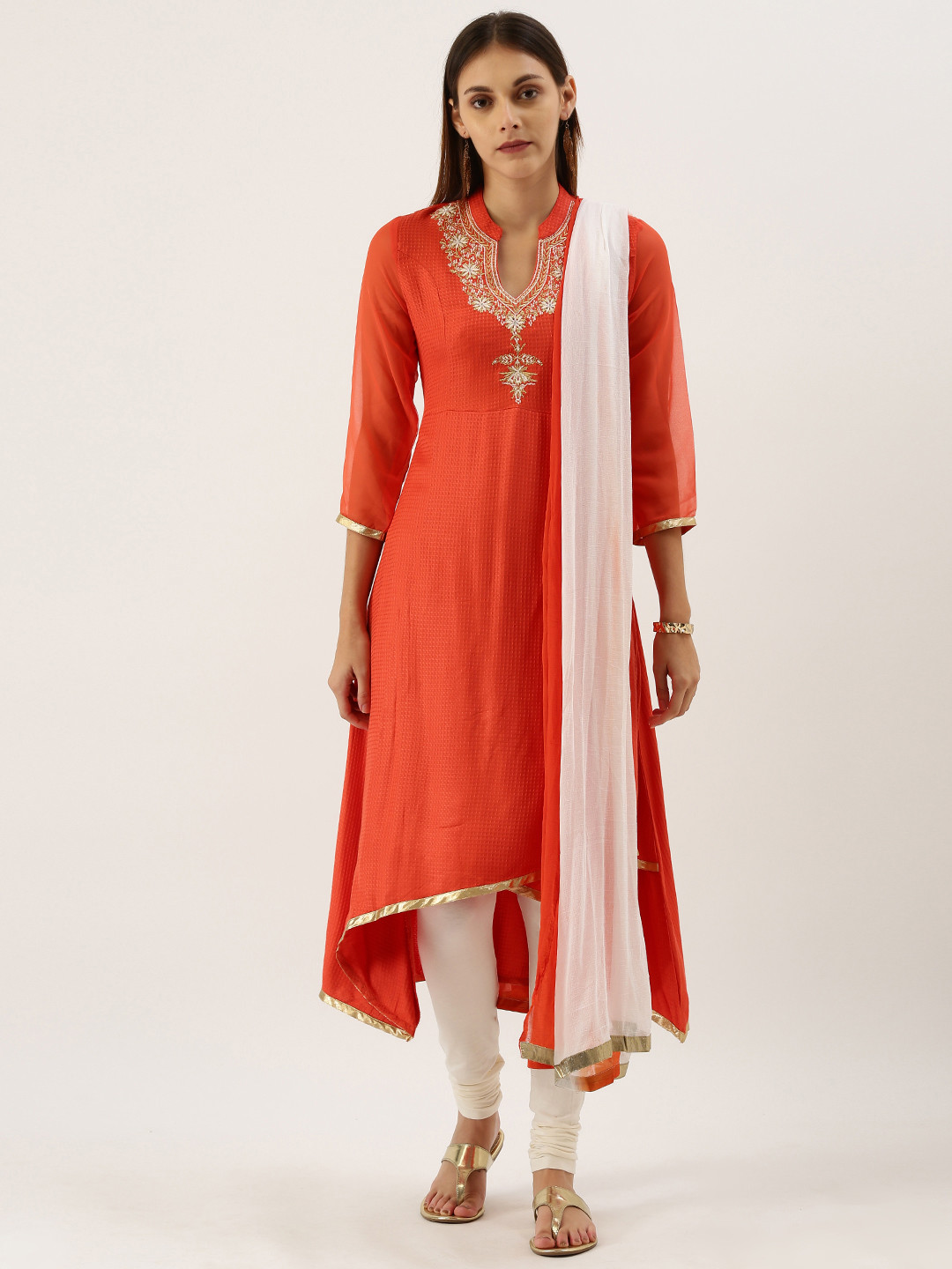

IMARA Women Orange and White Embroidered Kurta Sets