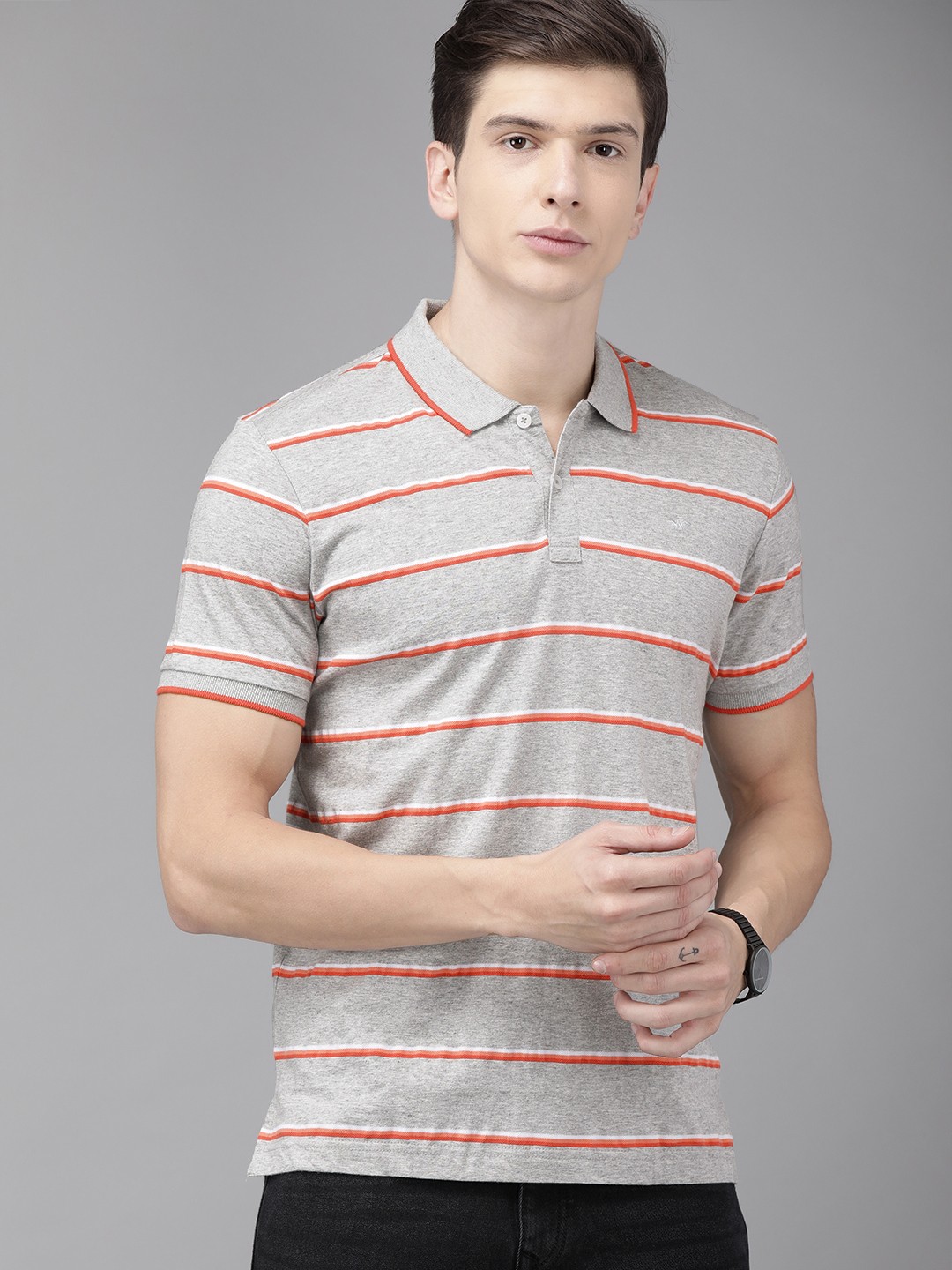

Park Avenue Men Grey Melange Red Slim Fit Striped Polo Collar Pure Cotton T-shirt