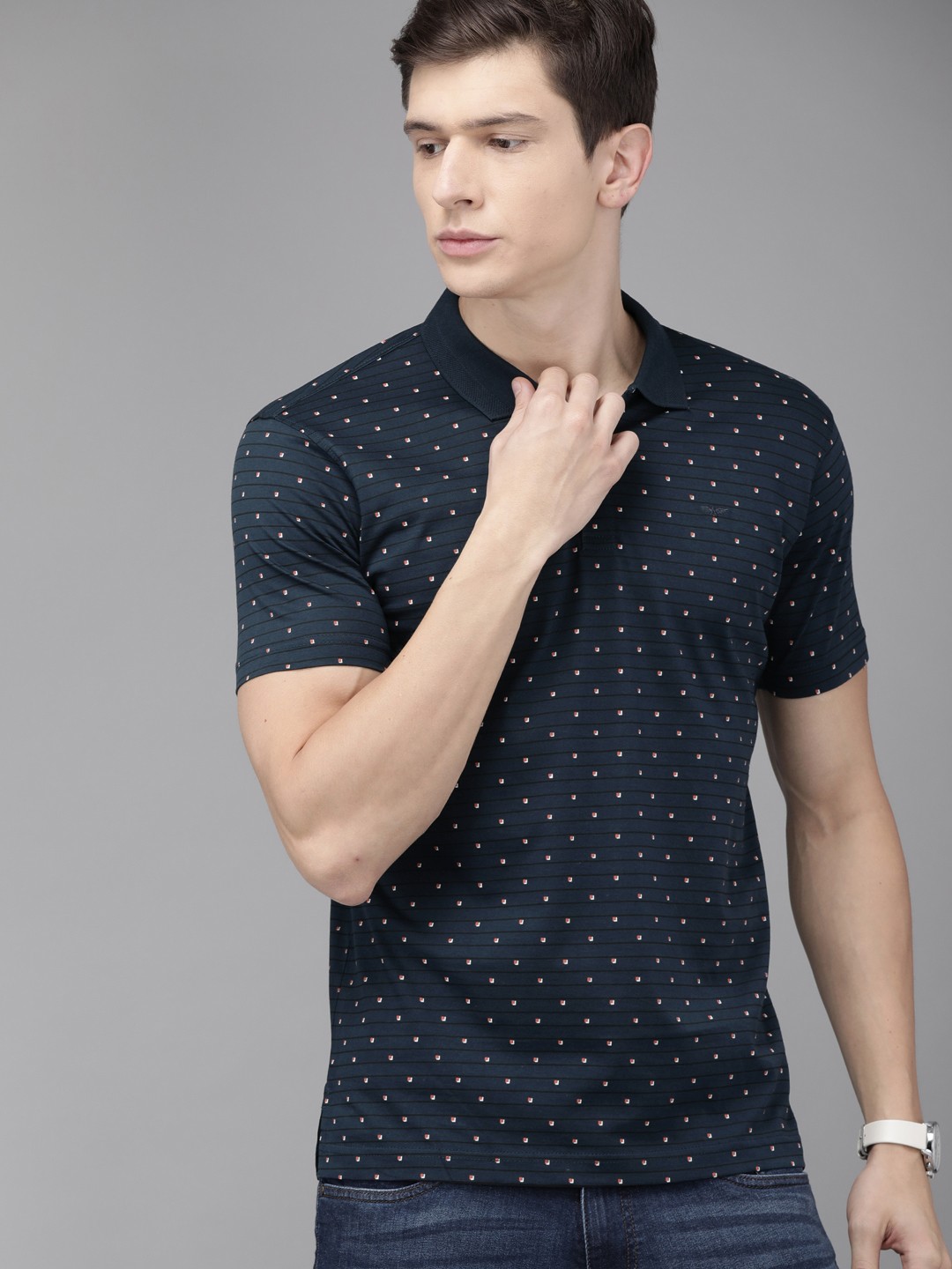 

Park Avenue Men Navy Blue Printed Slim Fit Polo Collar Pure Cotton T-shirt