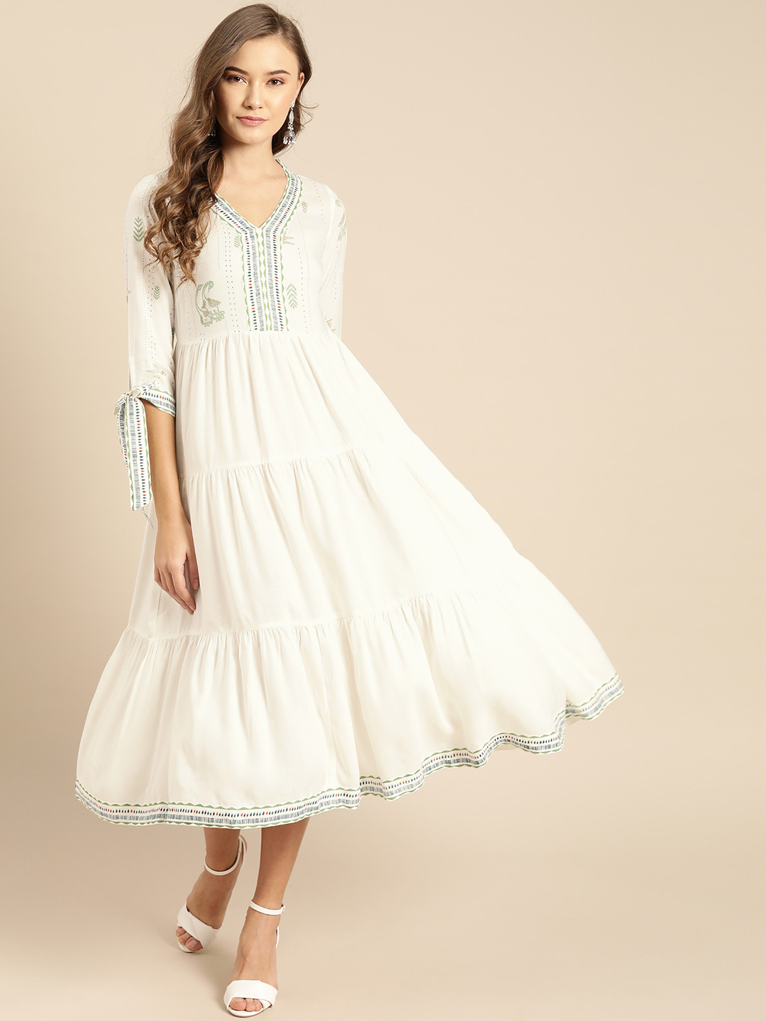 

IMARA Women White Printed Detail Tiered A-Line Dress