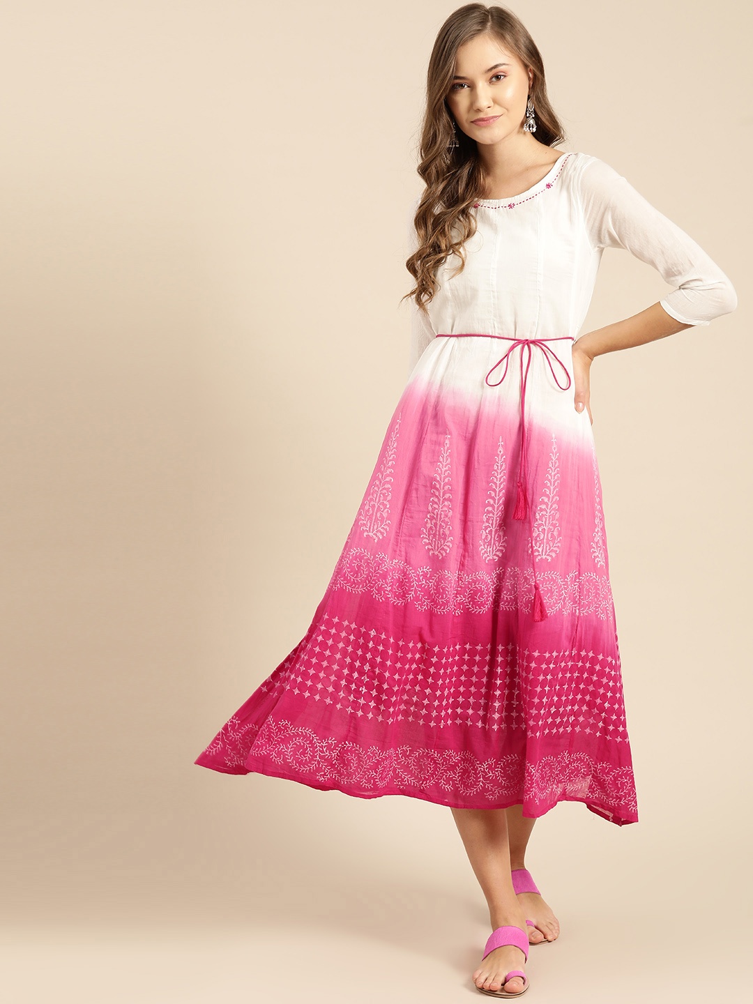 

IMARA Women White & Pink Dyed A-Line Dress