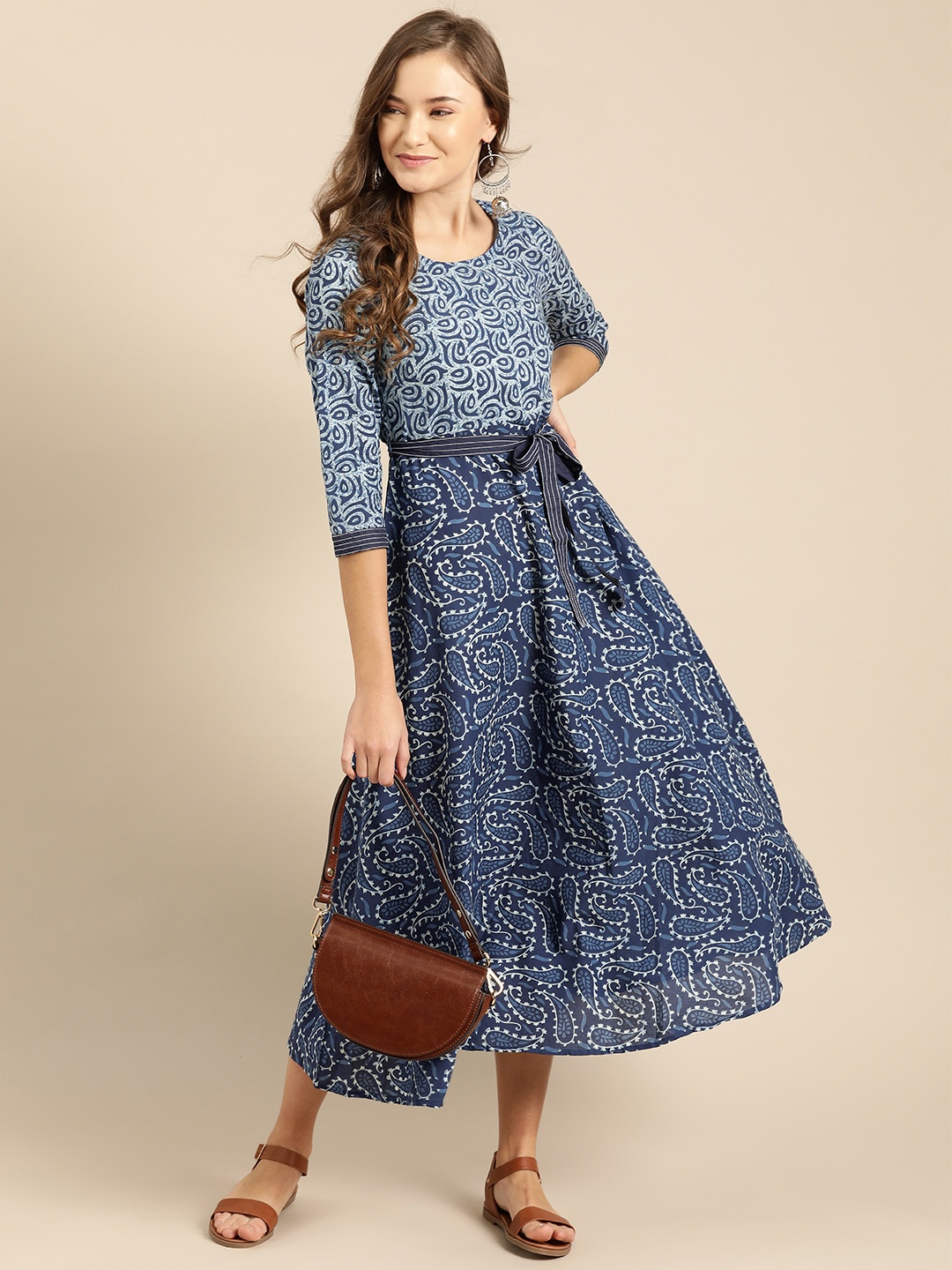 

IMARA Women Blue & Off-White Handblock Print Maxi Dress
