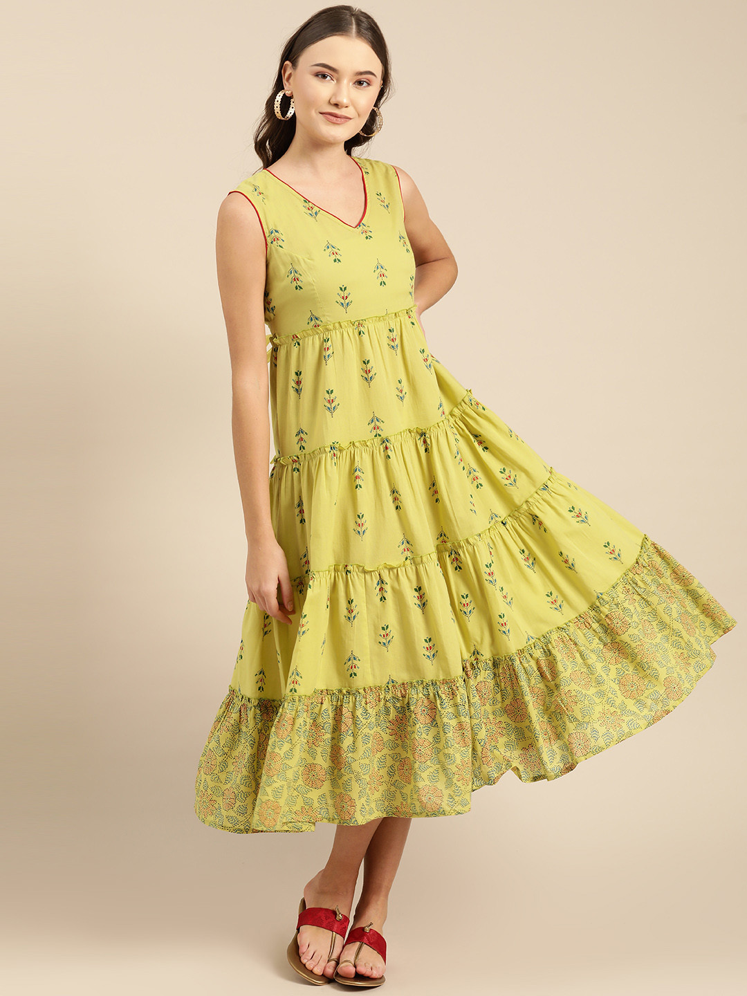 

IMARA Women Lime Green & Blue Printed Tiered A-Line Dress