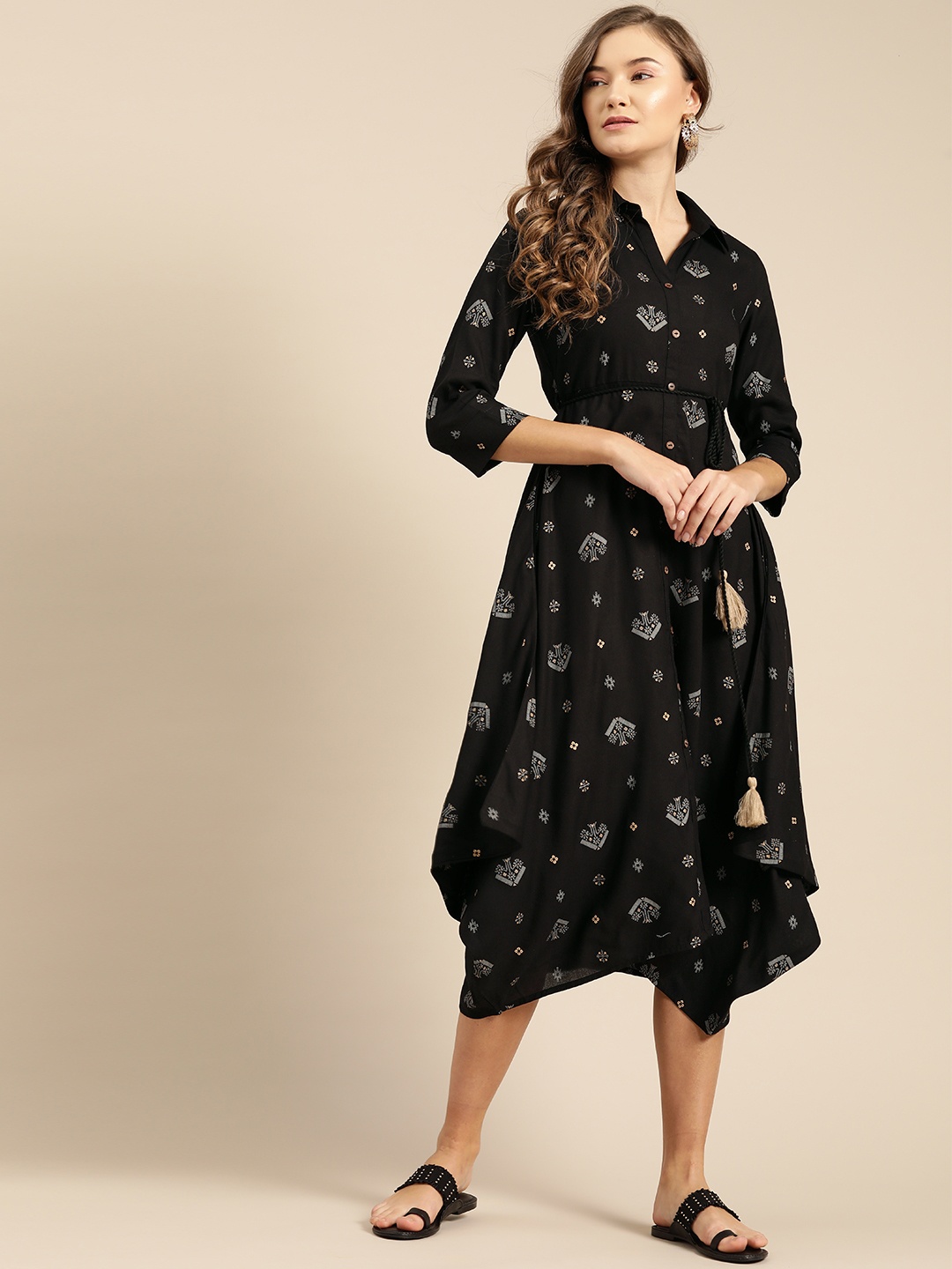 

IMARA Women Black & Grey Printed Shirt Dress