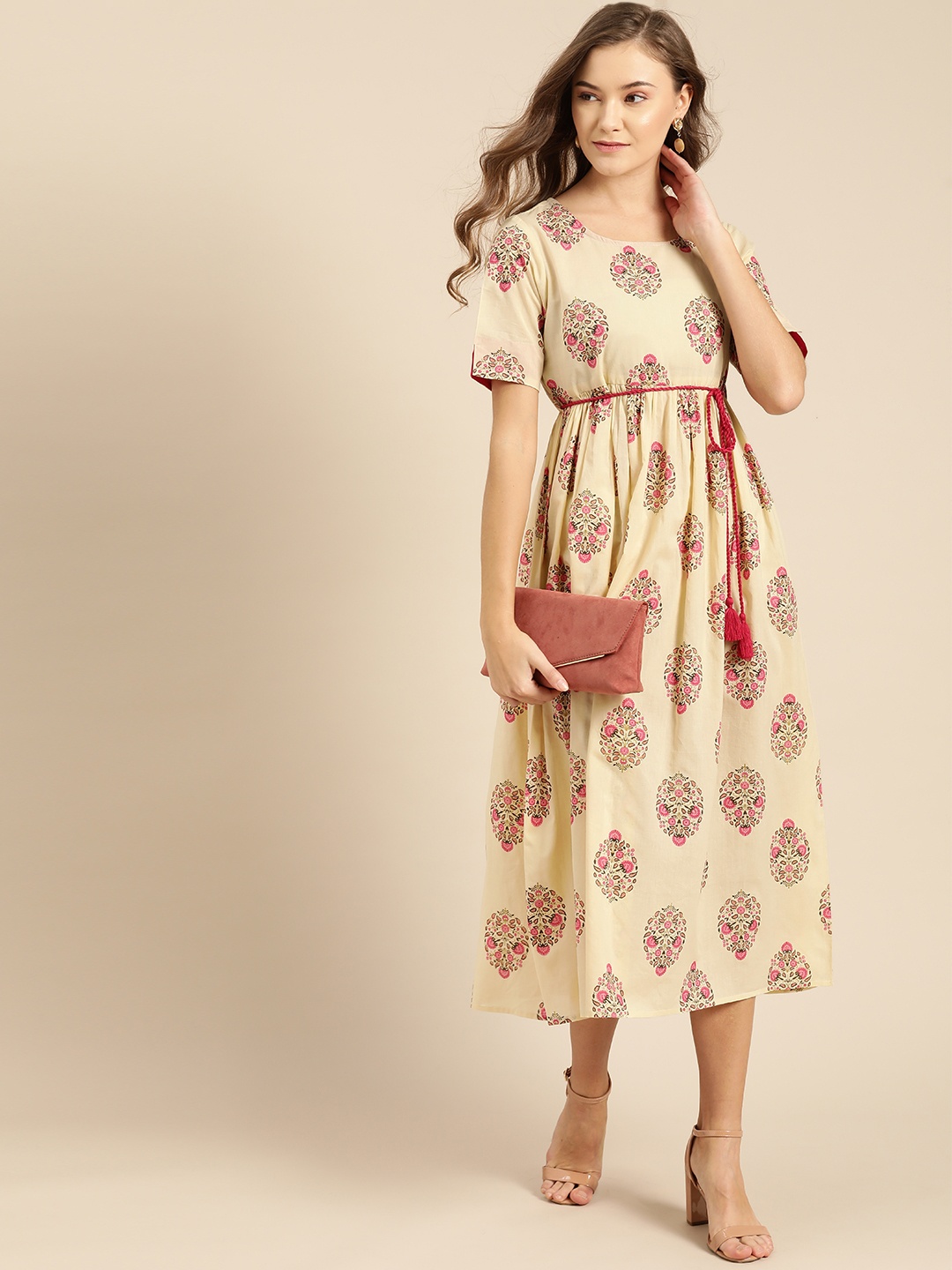 

IMARA Women Cream-Coloured & Pink Printed A-Line Dress