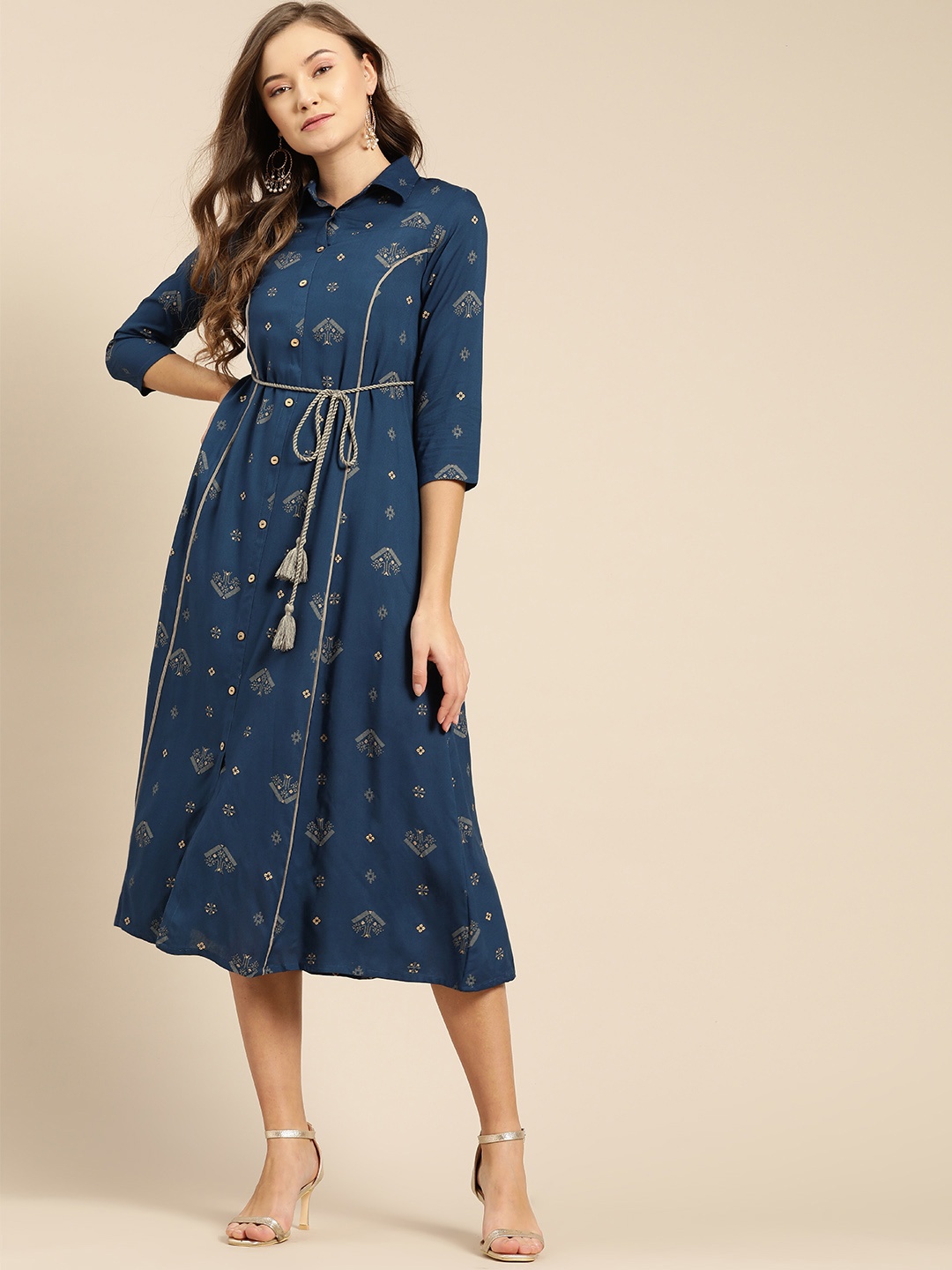 

IMARA Women Navy Blue & Grey Tana Bana Print Shirt Dress