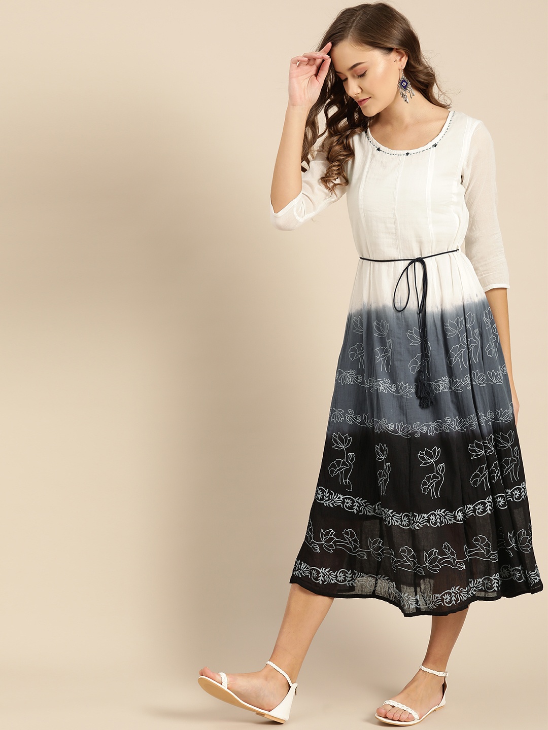 

IMARA Women White & Grey Dyed A-Line Dress