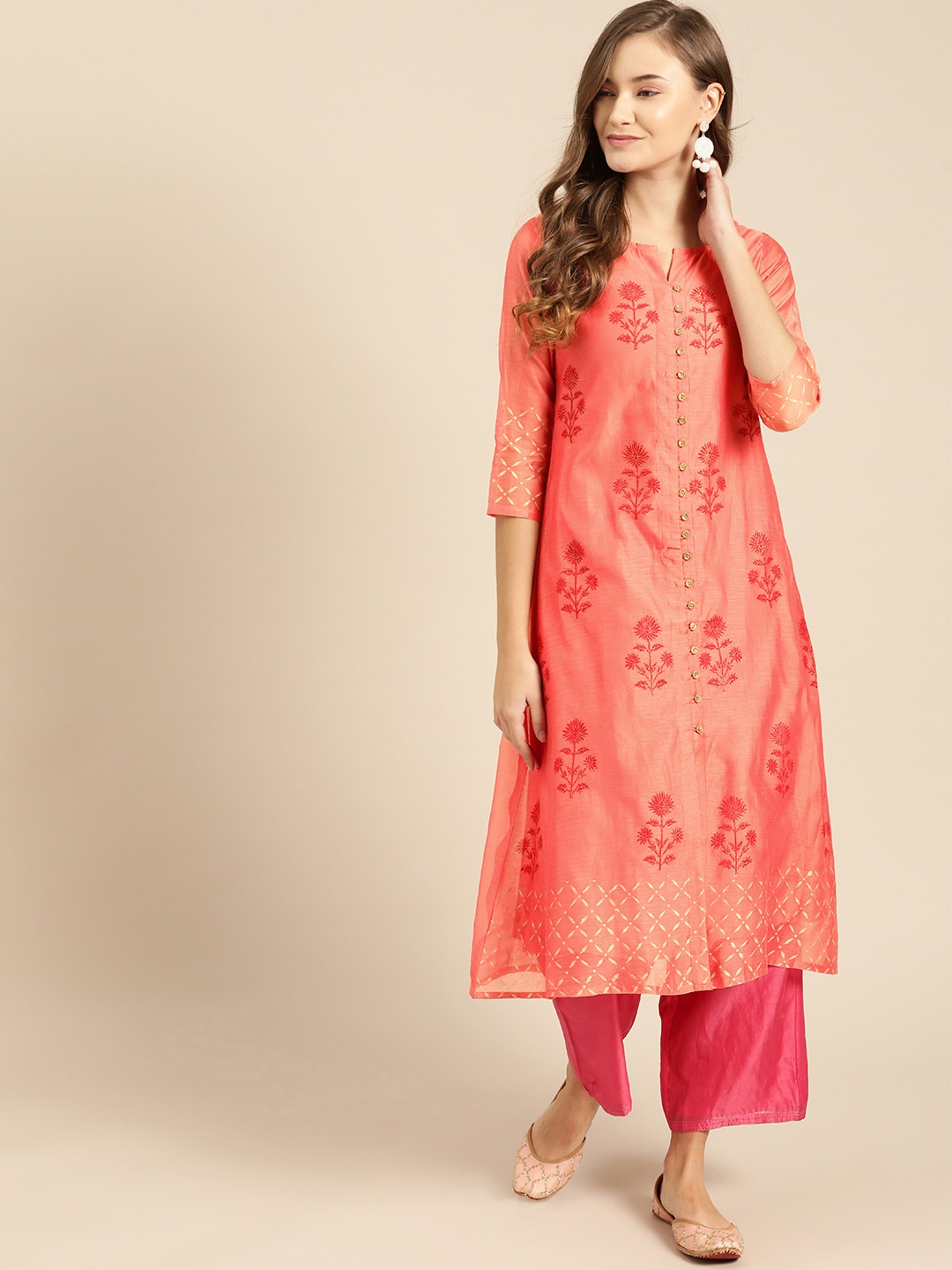 

IMARA Women Peach-Coloured & Red Handblock Print A-Line Kurta