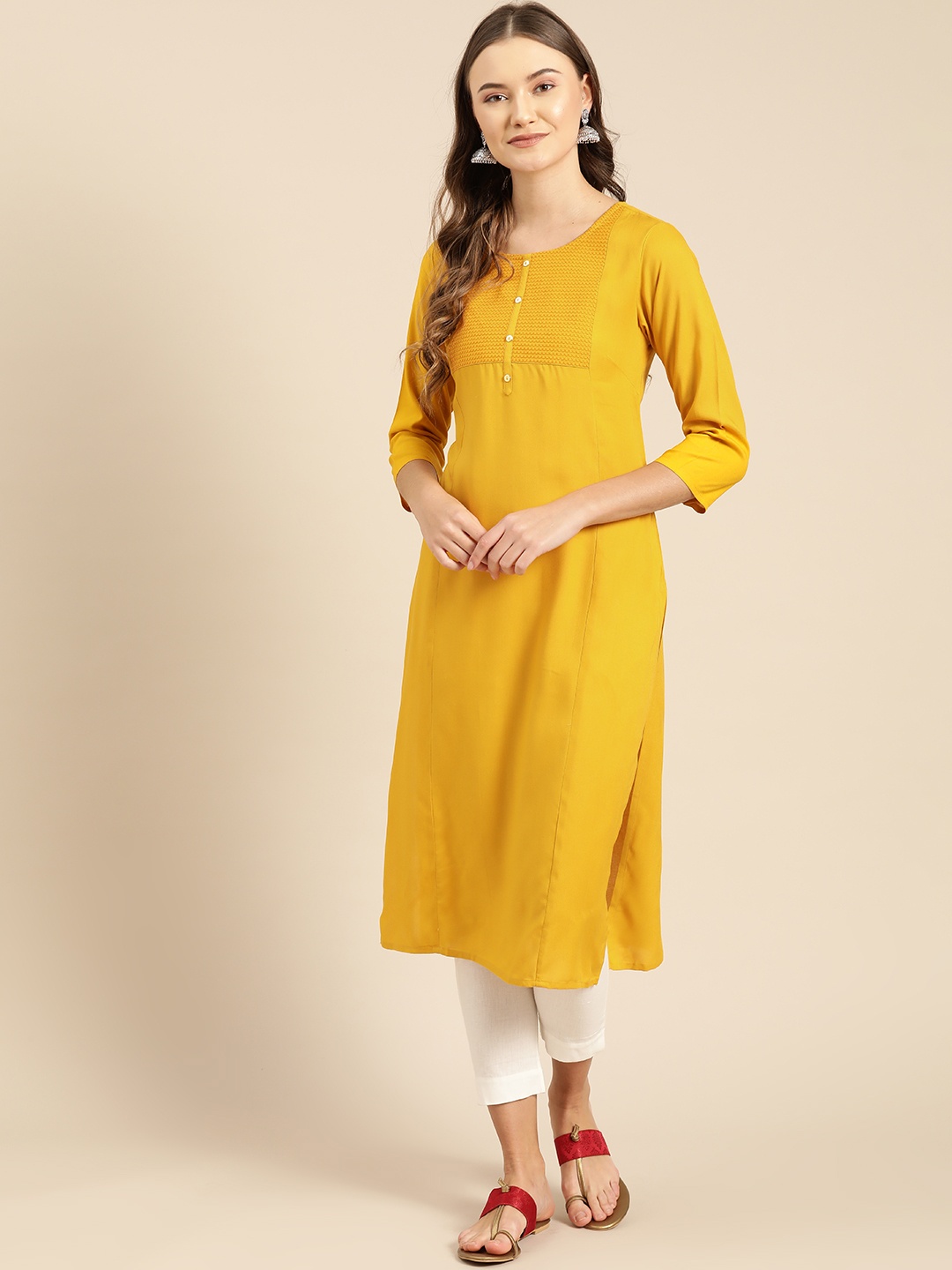 

IMARA Women Mustard Yellow Yoke Design Straight Kurta