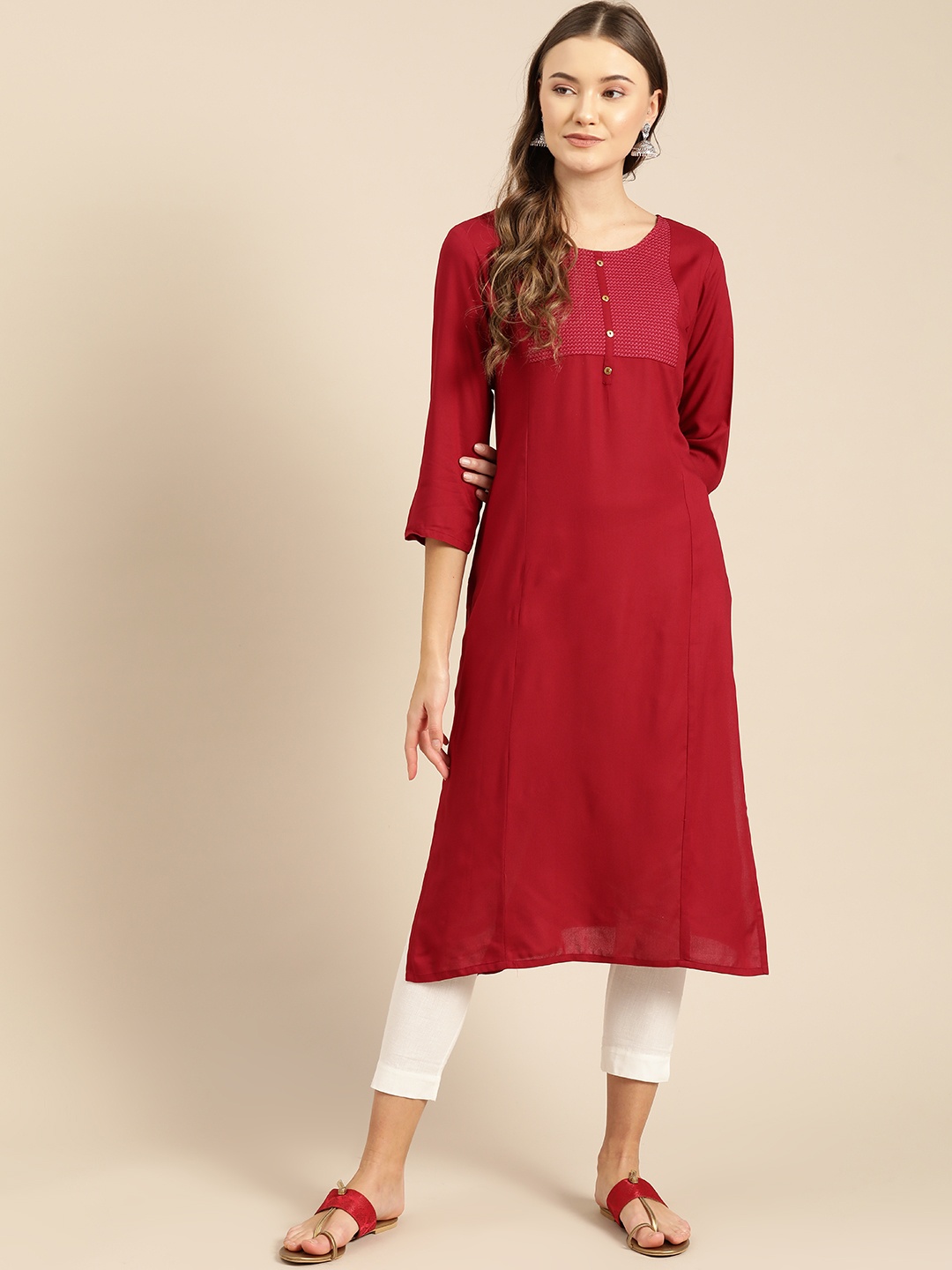 

IMARA Women Maroon Yoke Design Straight Kurta