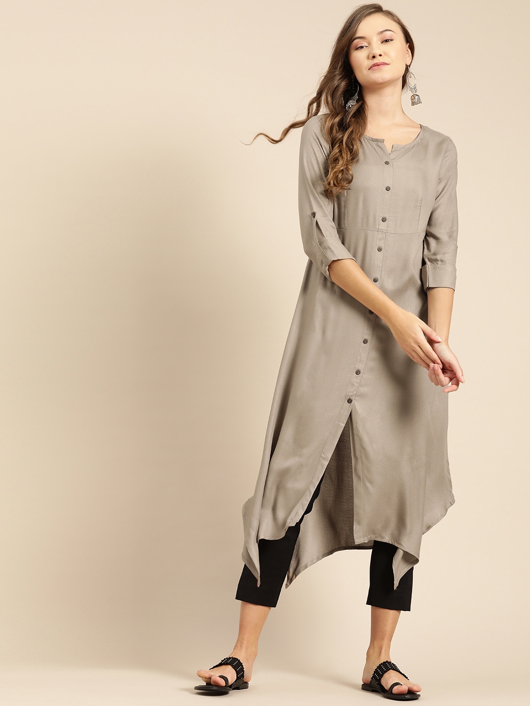 

IMARA Women Taupe Solid A-Line Asymmetric Kurta