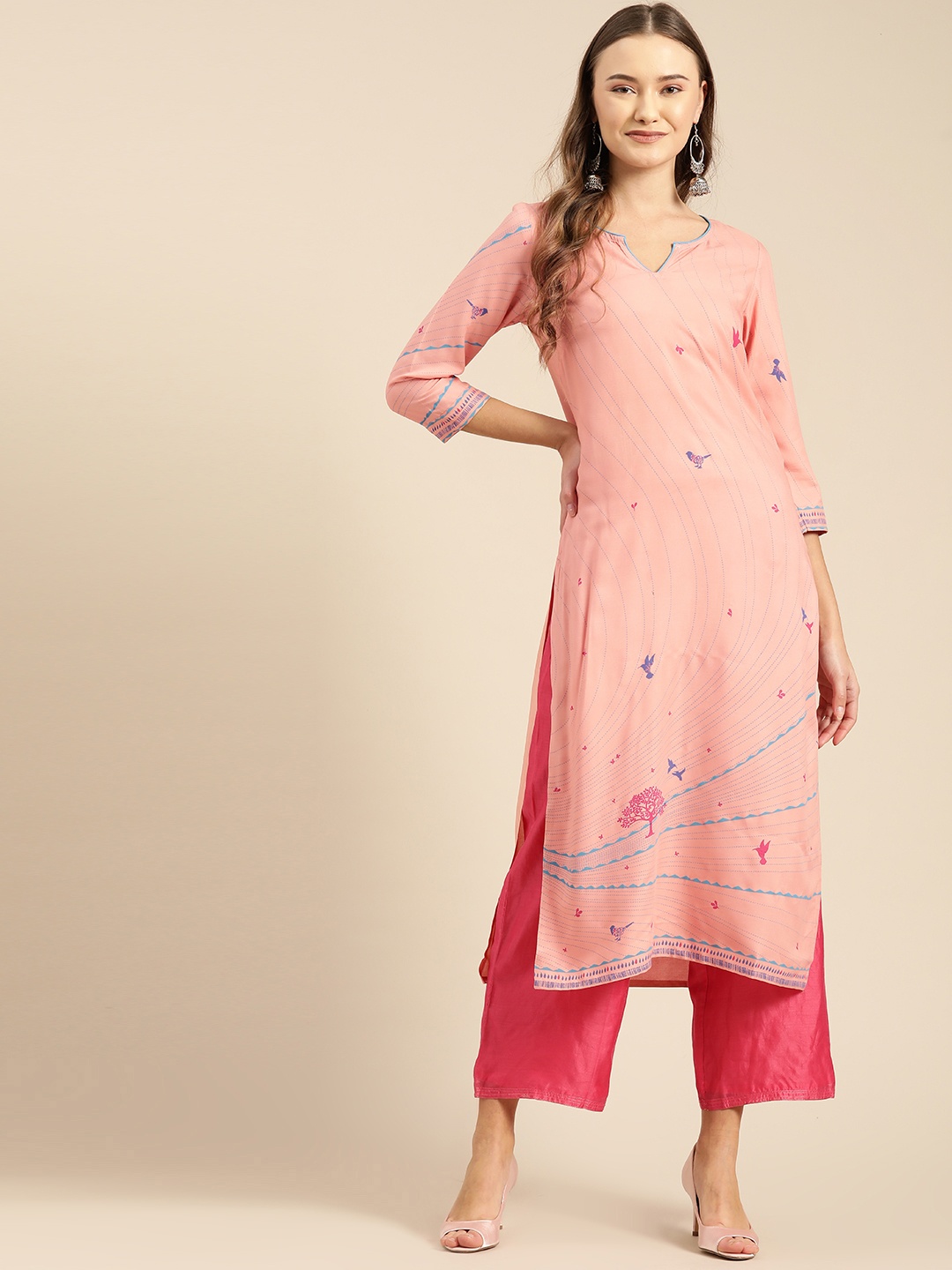 

IMARA Women Pink & Blue Striped Straight Kurta