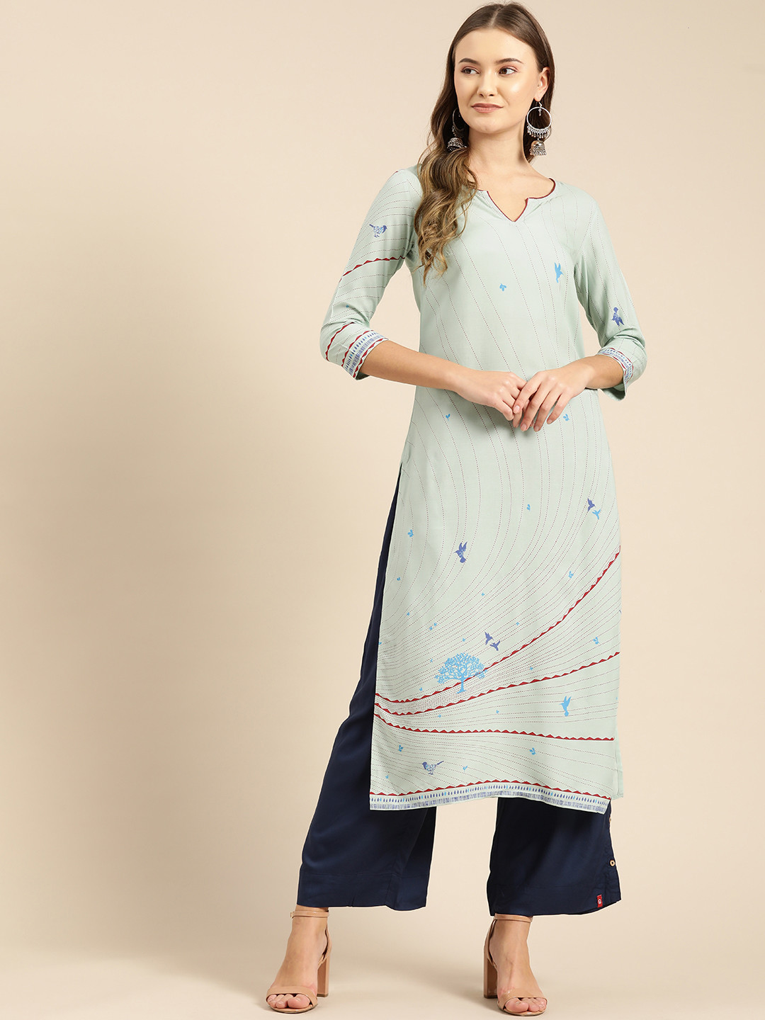 

IMARA Women Sea Green & Red Striped Straight Kurta
