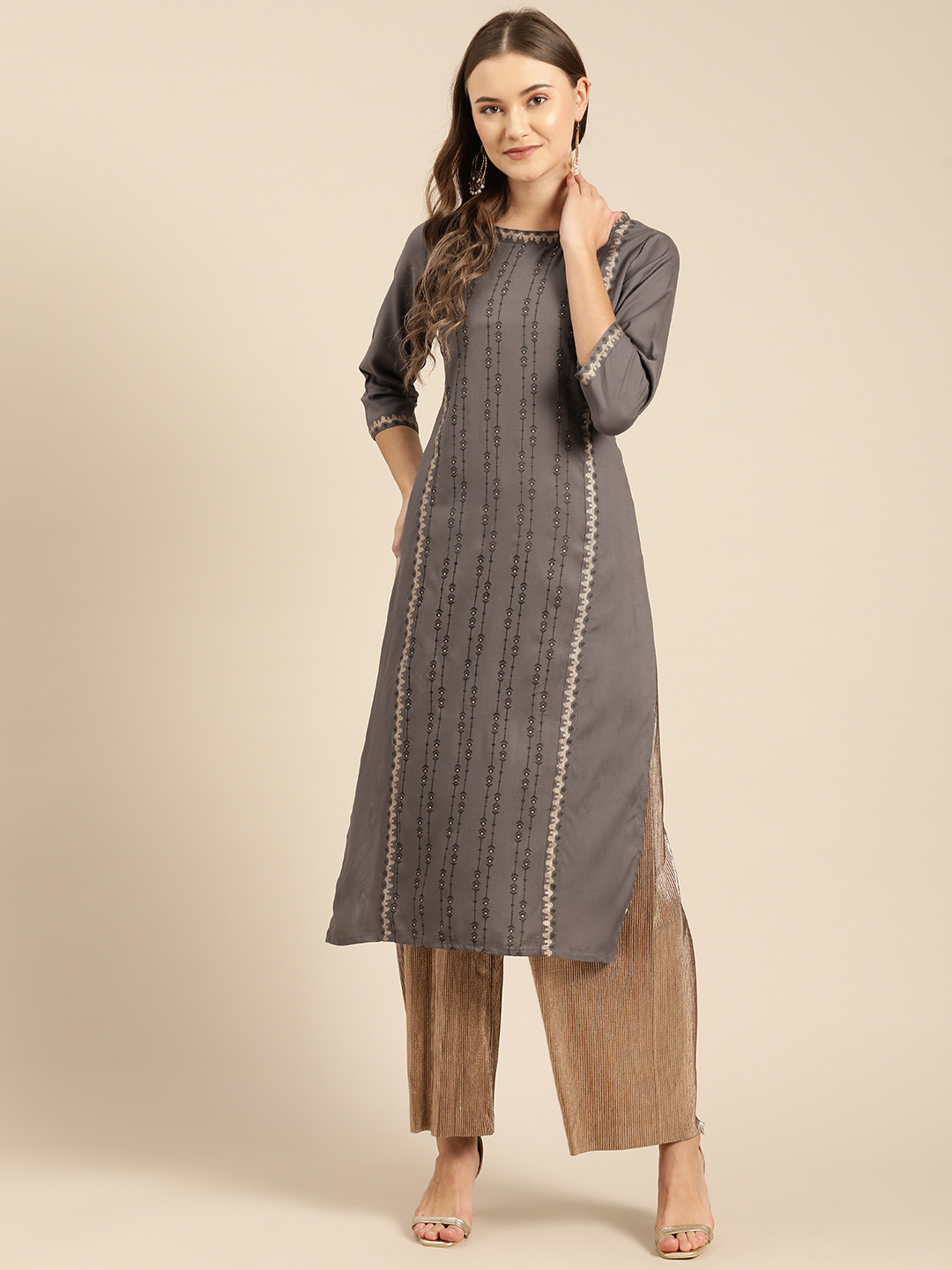

IMARA Women Charcoal Grey & Golden Tana Bana Printed Straight Kurta