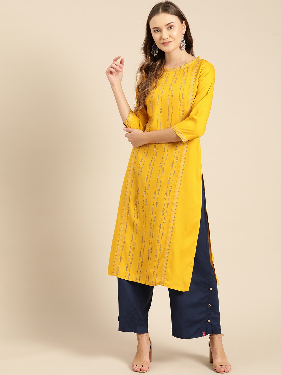 

IMARA Women Mustard & Blue Tana Bana Printed Straight Kurta