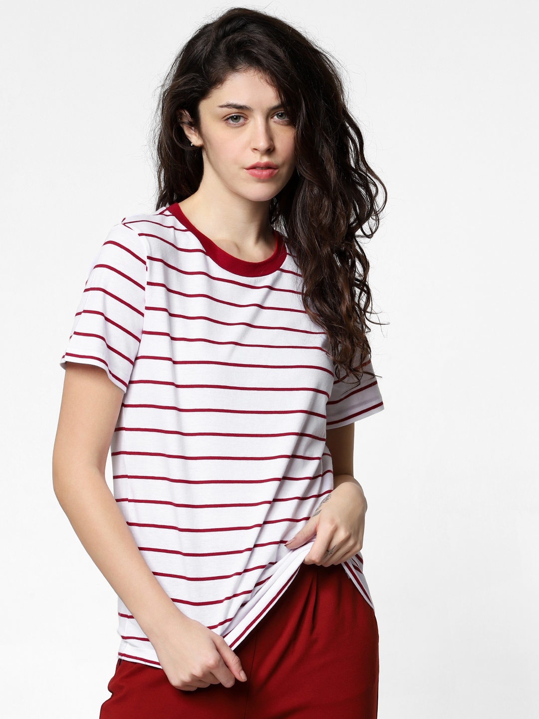 

ONLY Women White Maroon Striped Round Neck Pure Cotton T-shirt