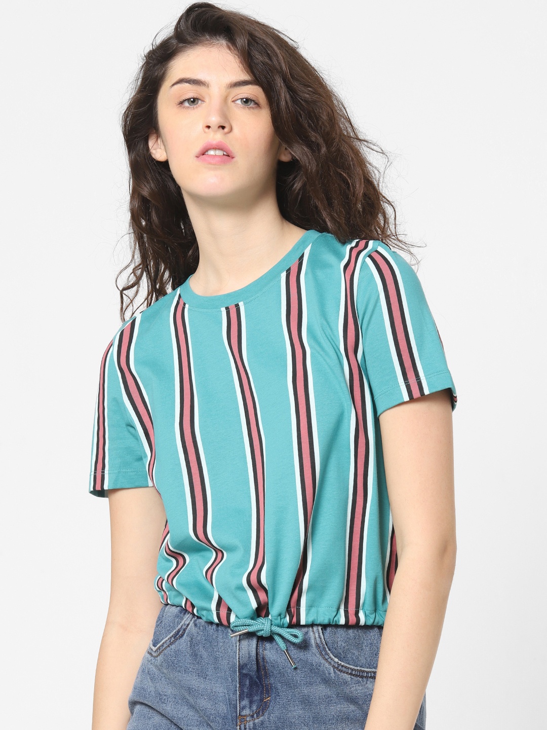 

ONLY Women Turquoise Blue & Pink Striped Blouson Pure Cotton Top