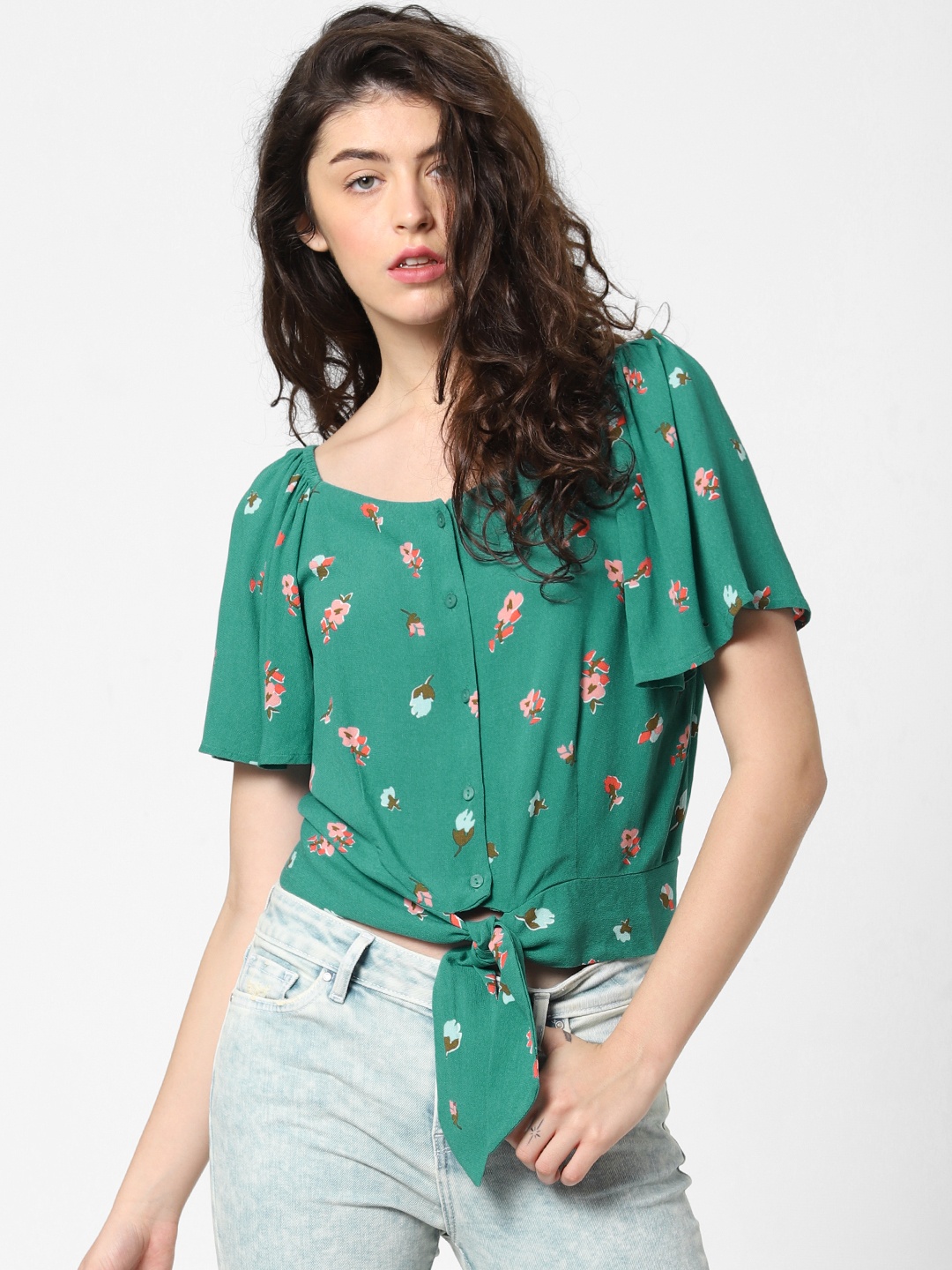 

ONLY Women Teal Green & Pink Floral Print Regular Crop Top