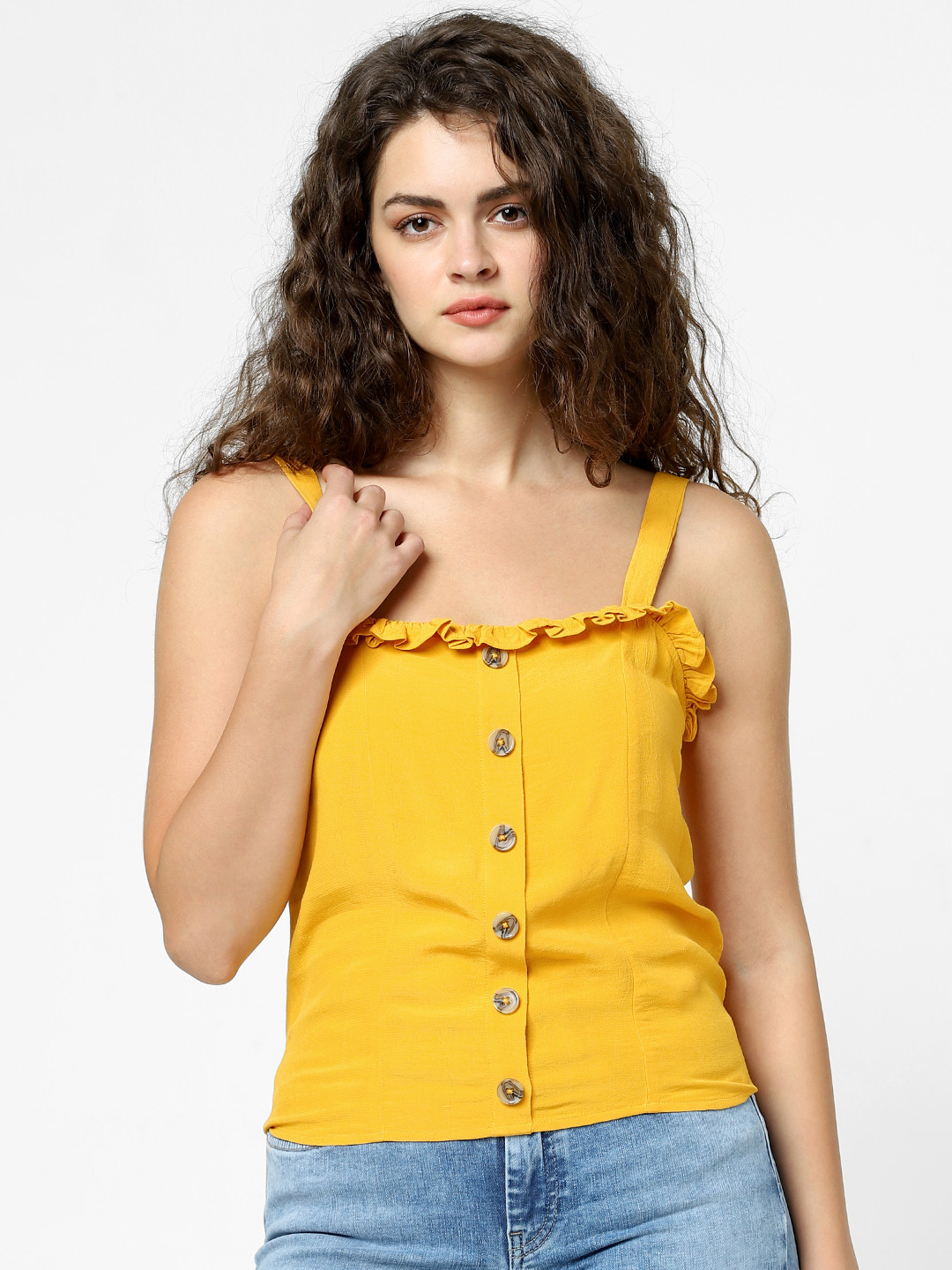 

ONLY Women Mustard Yellow Solid Top With Ruffle detail