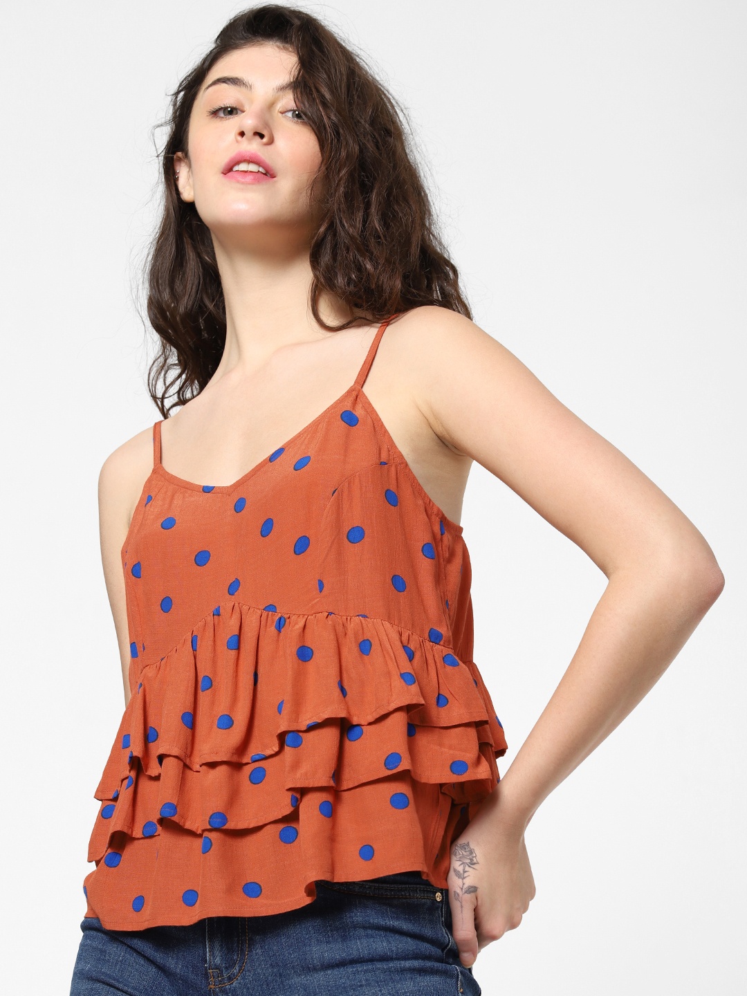

ONLY Women Rust Orange and Blue Printed Top