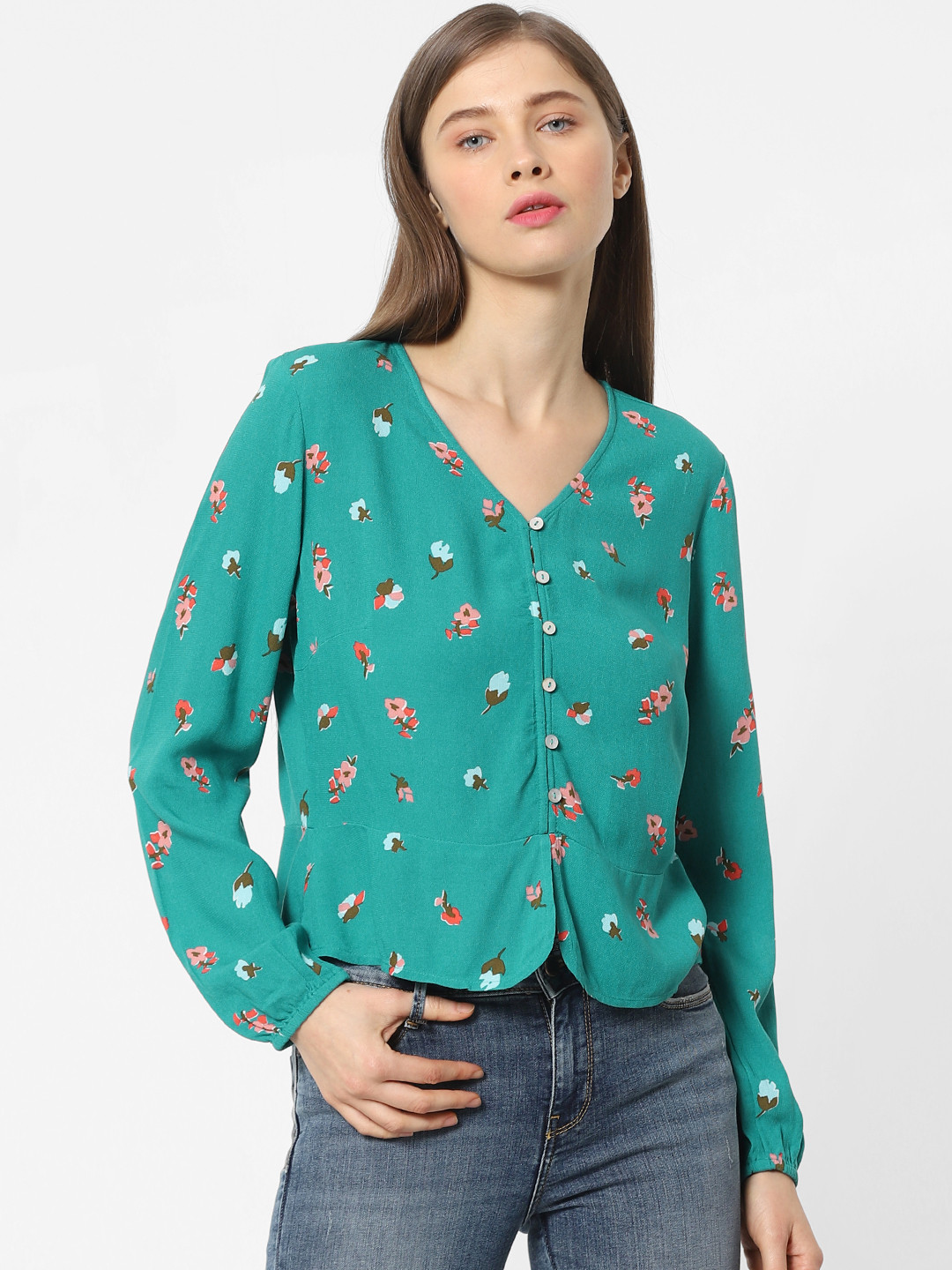 

ONLY Women Green & Pink Printed Shirt Style Top