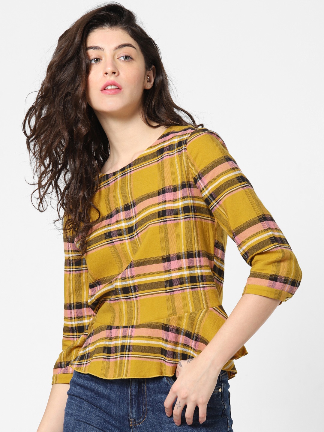 

ONLY Women Mustard Yellow & Black Checked A-Line Pure Cotton Top